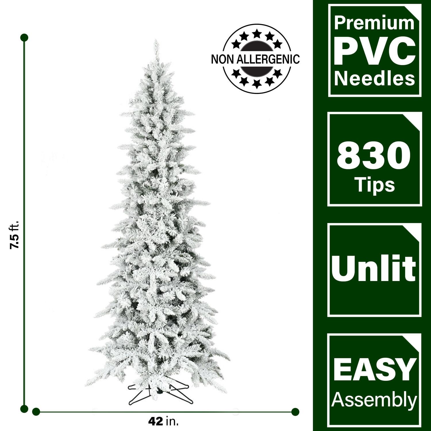 Fraser Hill Farm 7.5-Ft. Slim Mountain Pine Snow Flocked Unlit Artificial Christmas Tree with Stand