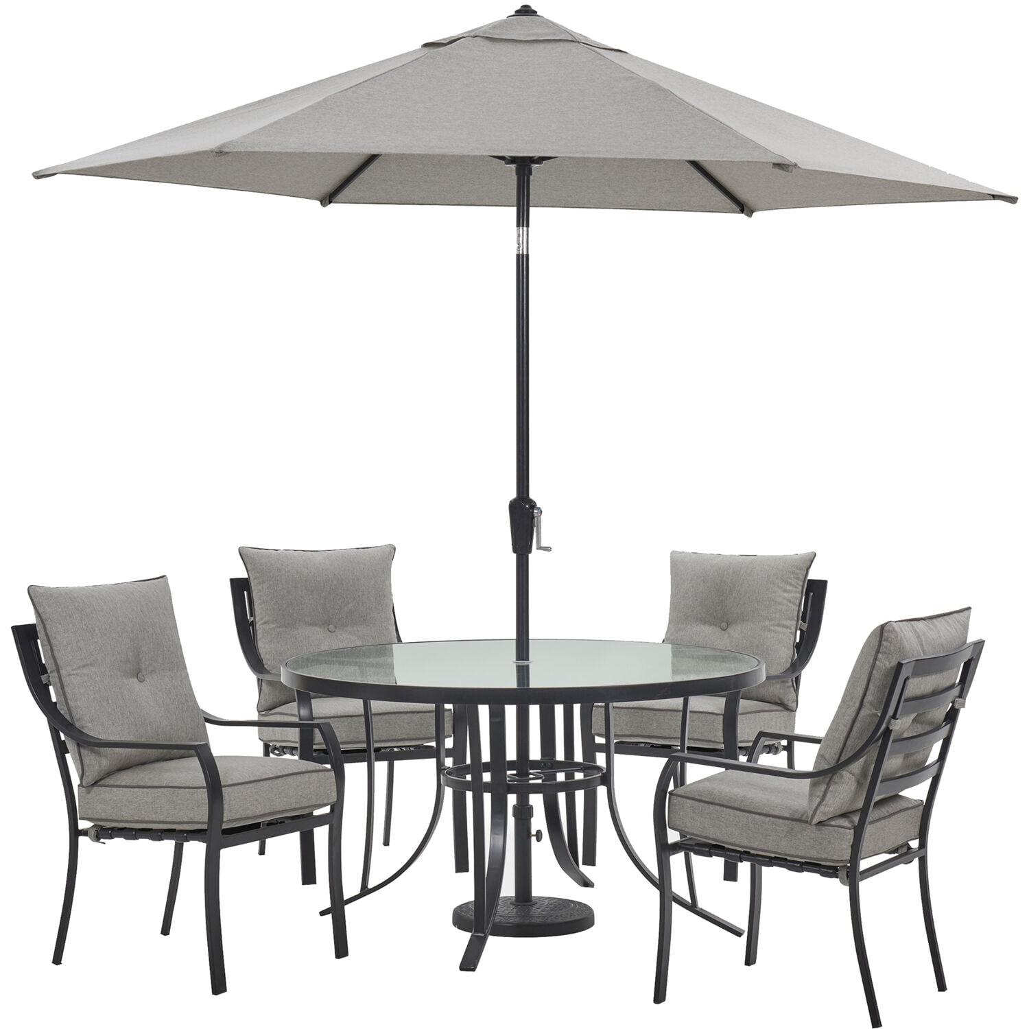 Hanover Lavallette 5-Piece Modern Outdoor Dining Set with Umbrella, Silver