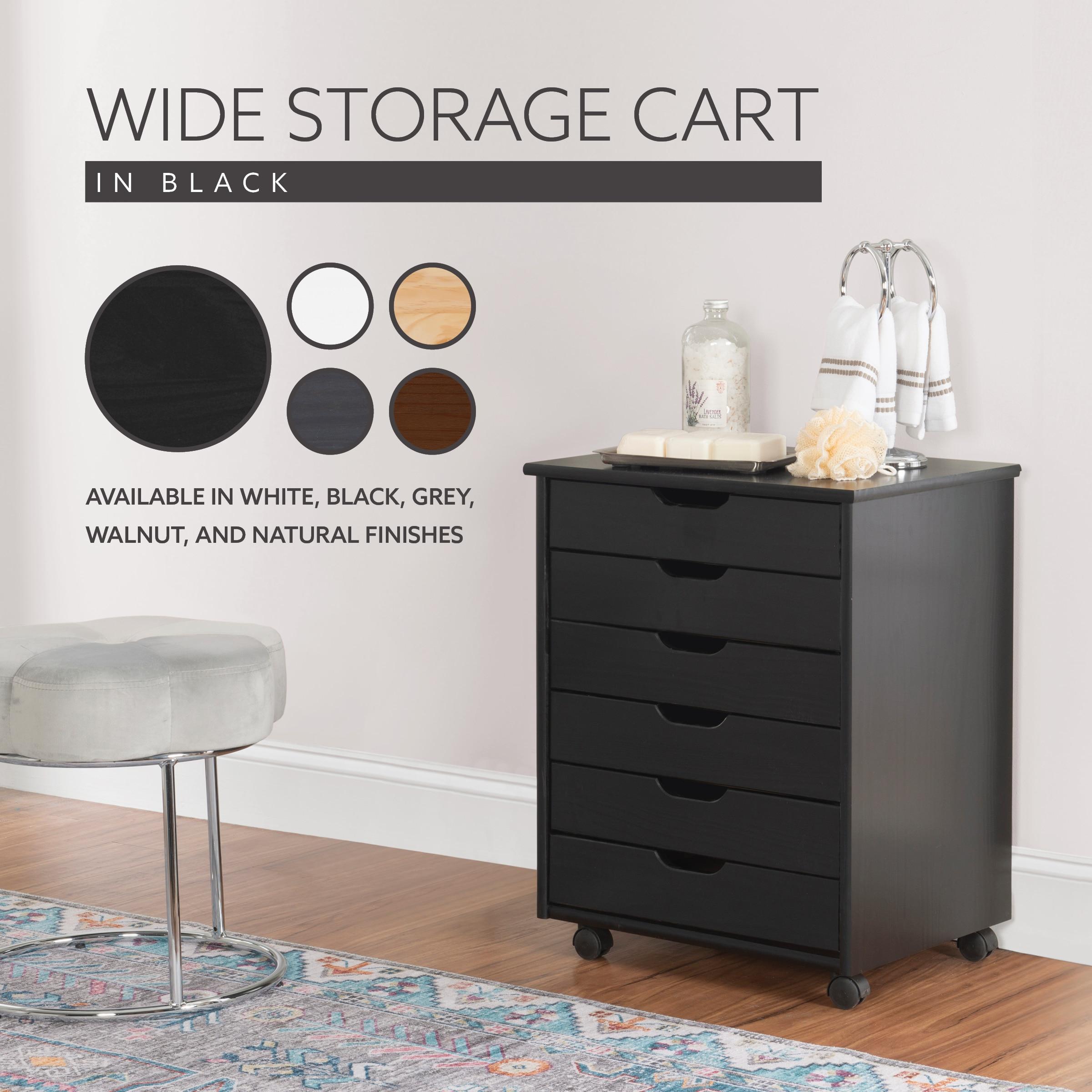 Cary Transitional 6 Drawer Solid Wood Contoured Handle Cut Out Wide Roll Cart Black - Linon: Pine Frame, Farmhouse Style, Portable Storage