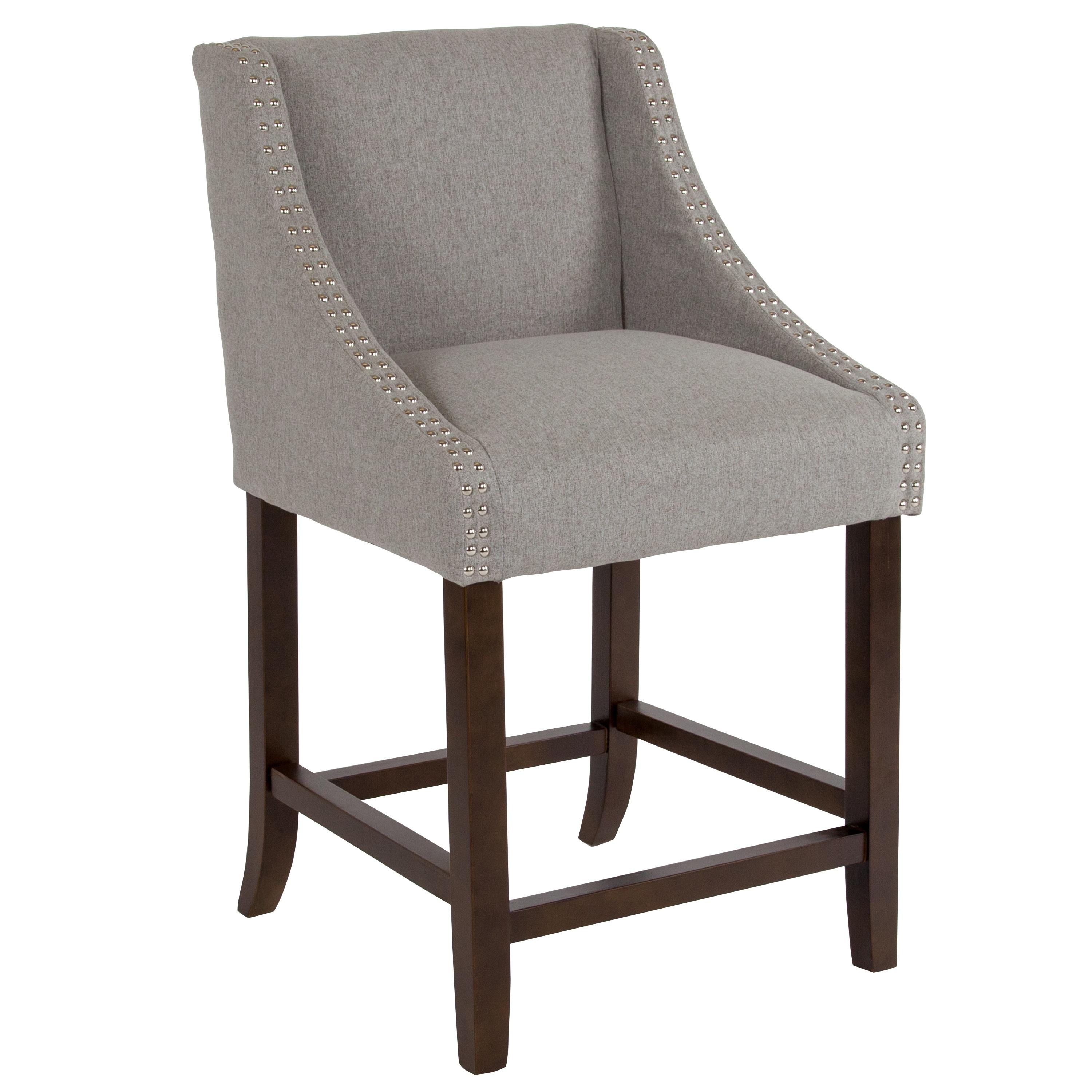 Flash Furniture Carmel Series 24" High Transitional Walnut Counter Height Stool with Accent Nail Trim in Light Gray Fabric