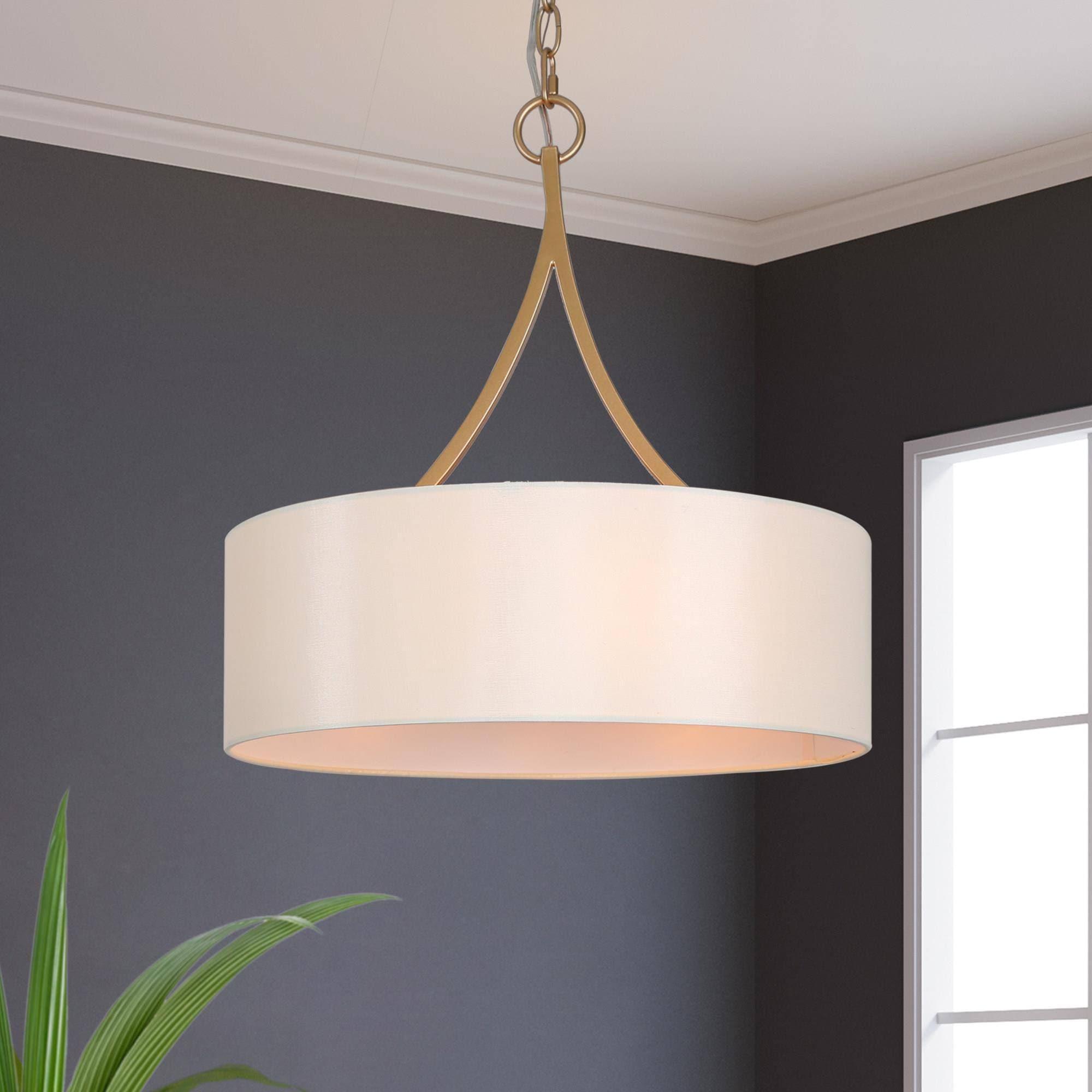 Rafa Matte Gold Drum Pendant Light with White Fabric Shade