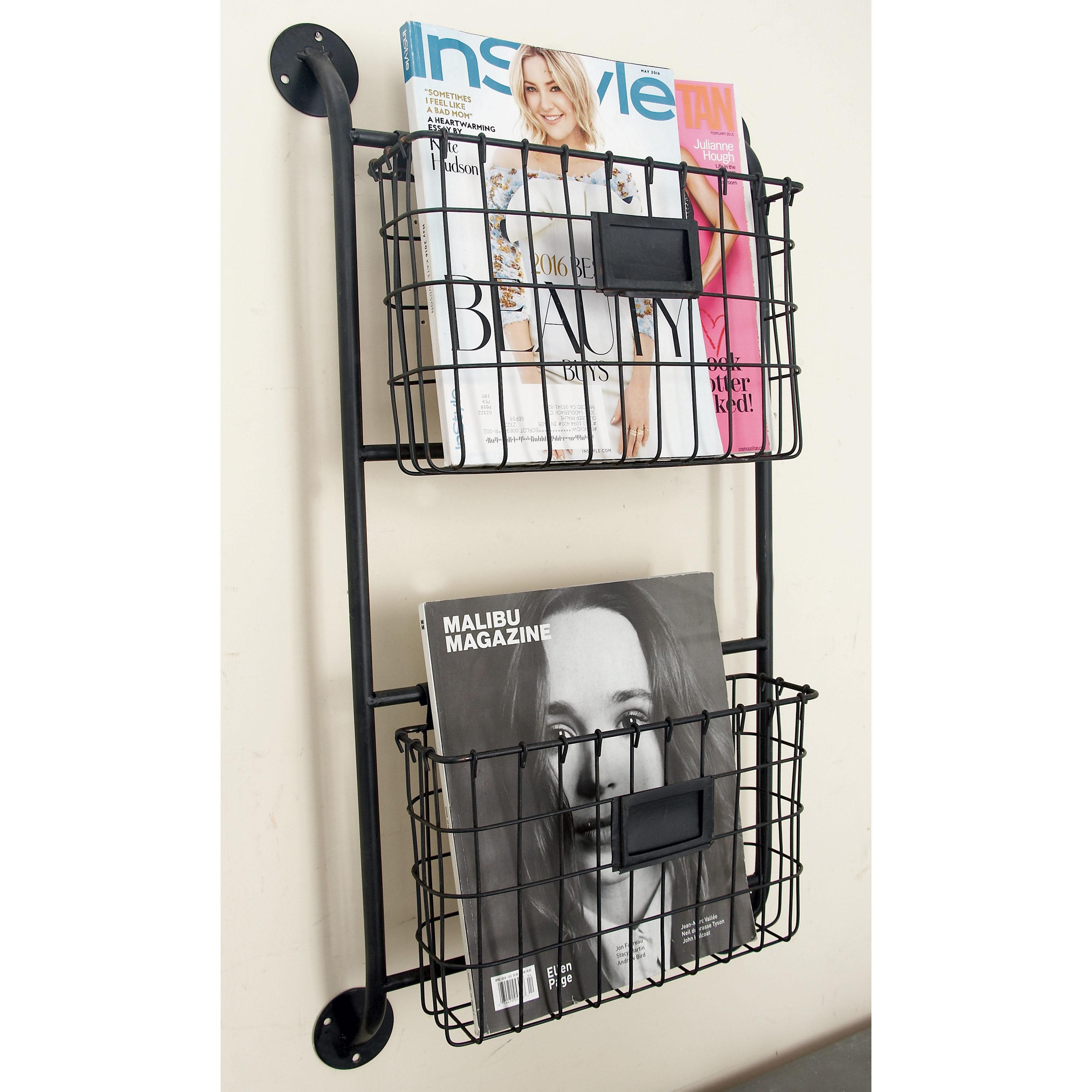 DecMode 28" Black Metal 2 Slots Suspended Wire Basket Magazine Rack Holder with Suspended Baskets and Label Slot