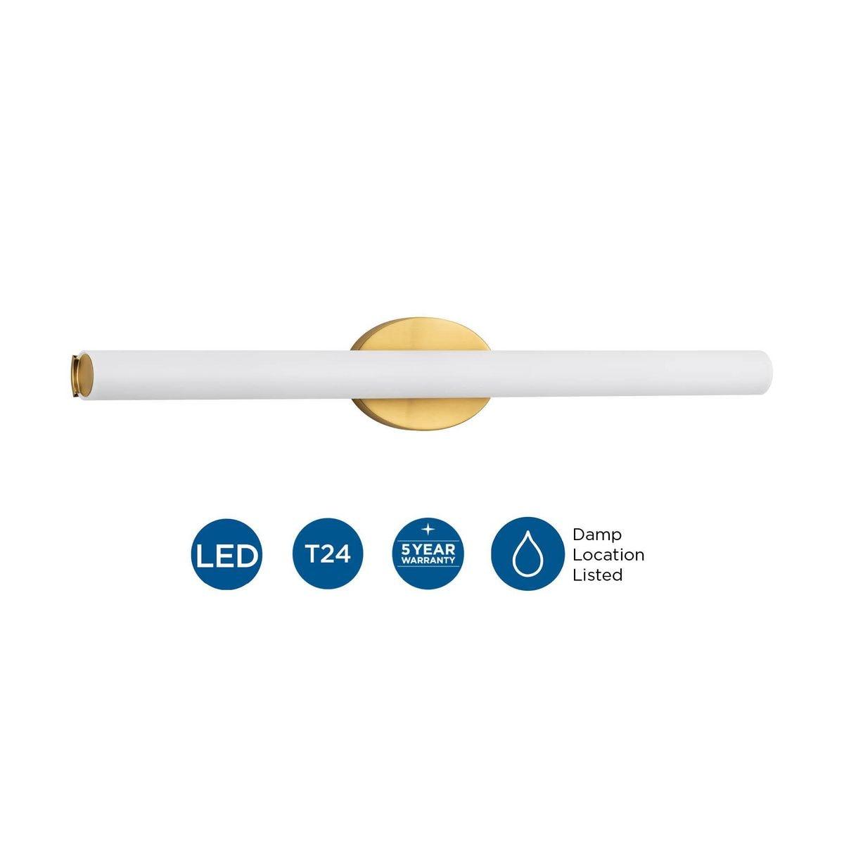 Progress Lighting Parallel 1-Light LED Bath Vanity Fixture, Steel, Satin Brass, Tubular Opal Glass Shade