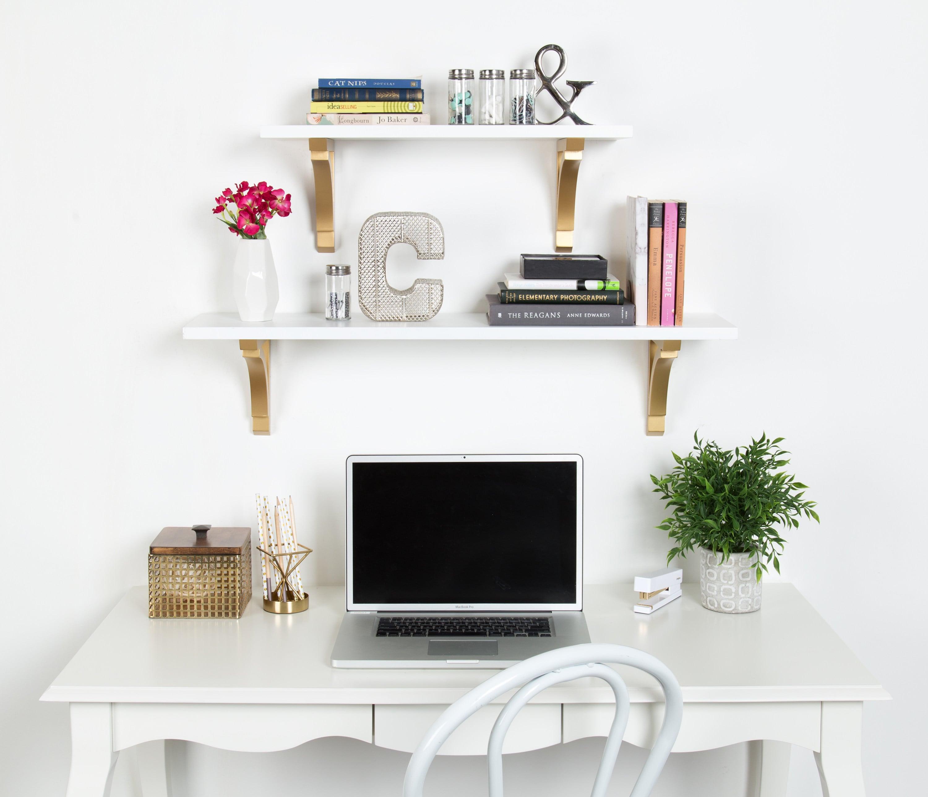 24" x 9" Corblynd Traditional Wood Wall Shelf White/Gold - Kate & Laurel: Bracket Shelf, Open Shelving Design, Includes Brackets