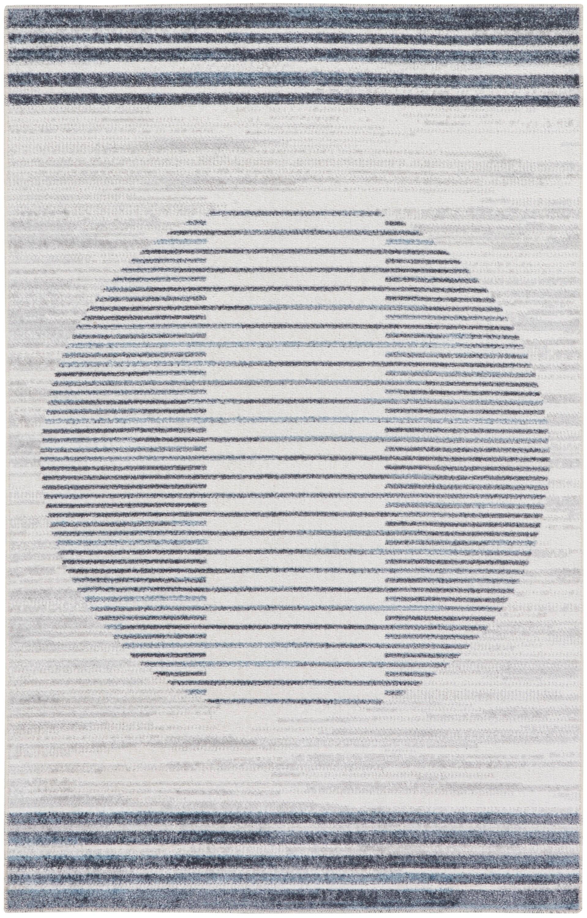 Nourison Astra Machine Washable Stripe Circle Mid-Century Modern Indoor Rug Ivory Blue 2'2" x 4'