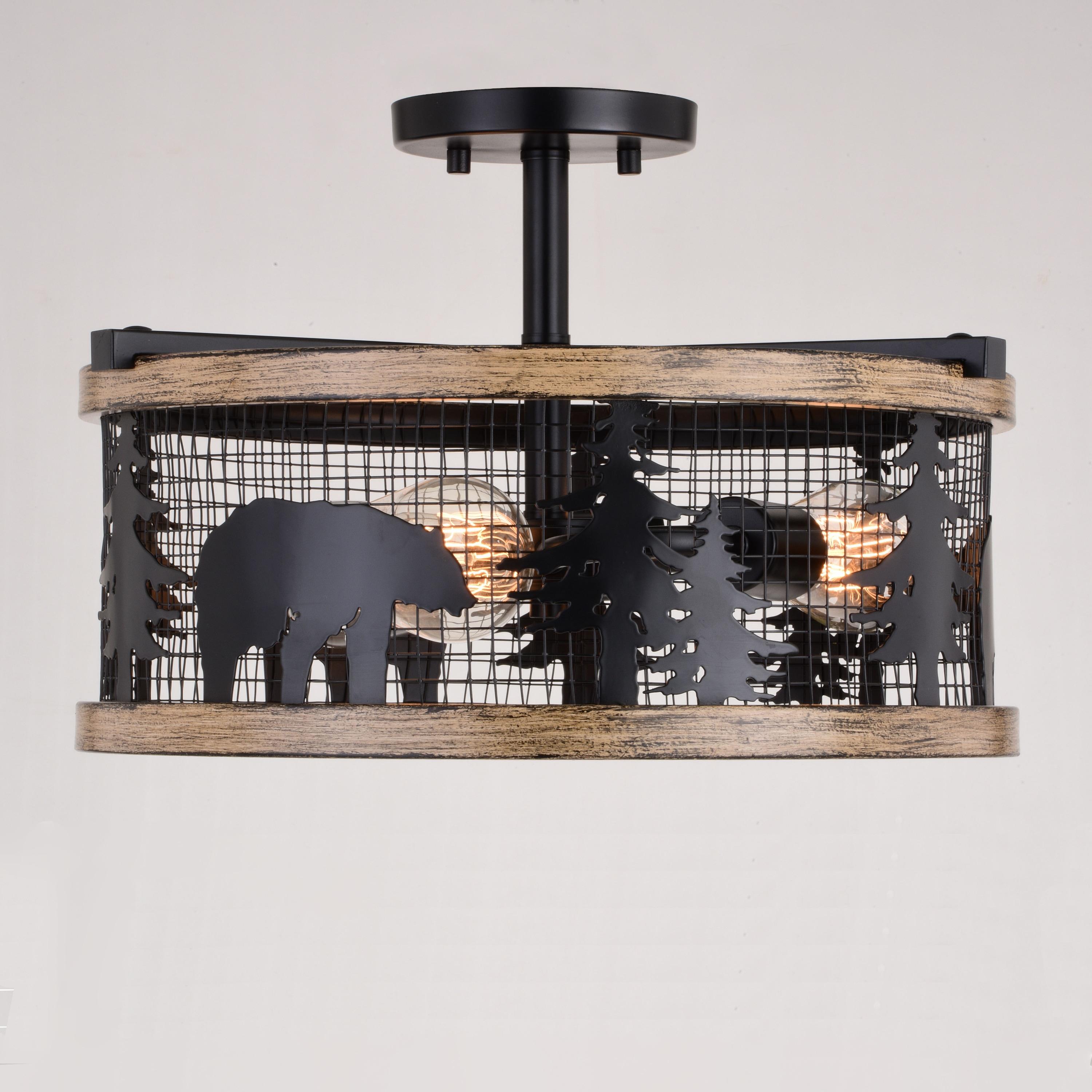 Kodiak 16-in W Black and Teak Rustic Semi Flush Mount Ceiling Light Bear and Tree Motif