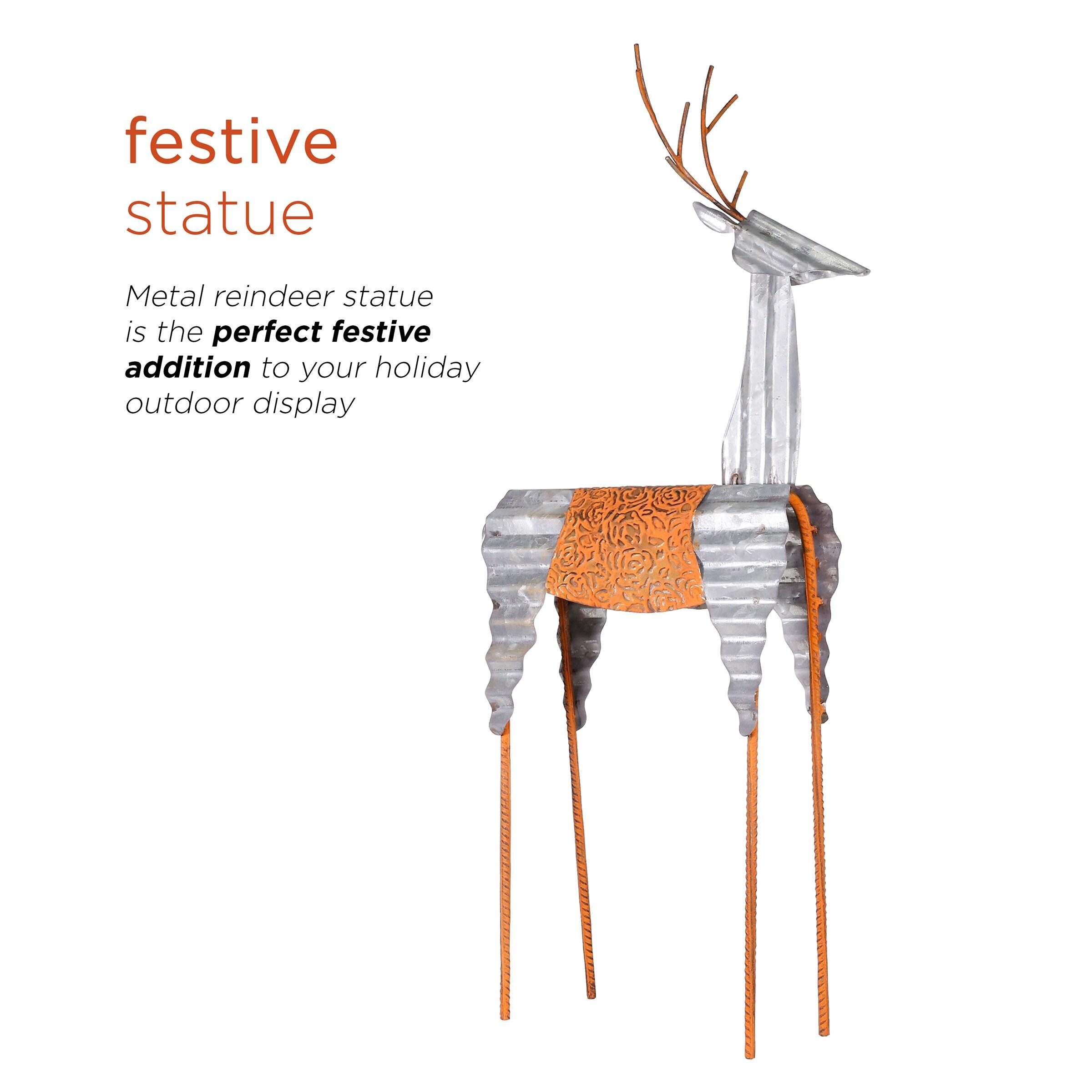 30-Inch Tall Silver and Orange Metal Reindeer Decoration