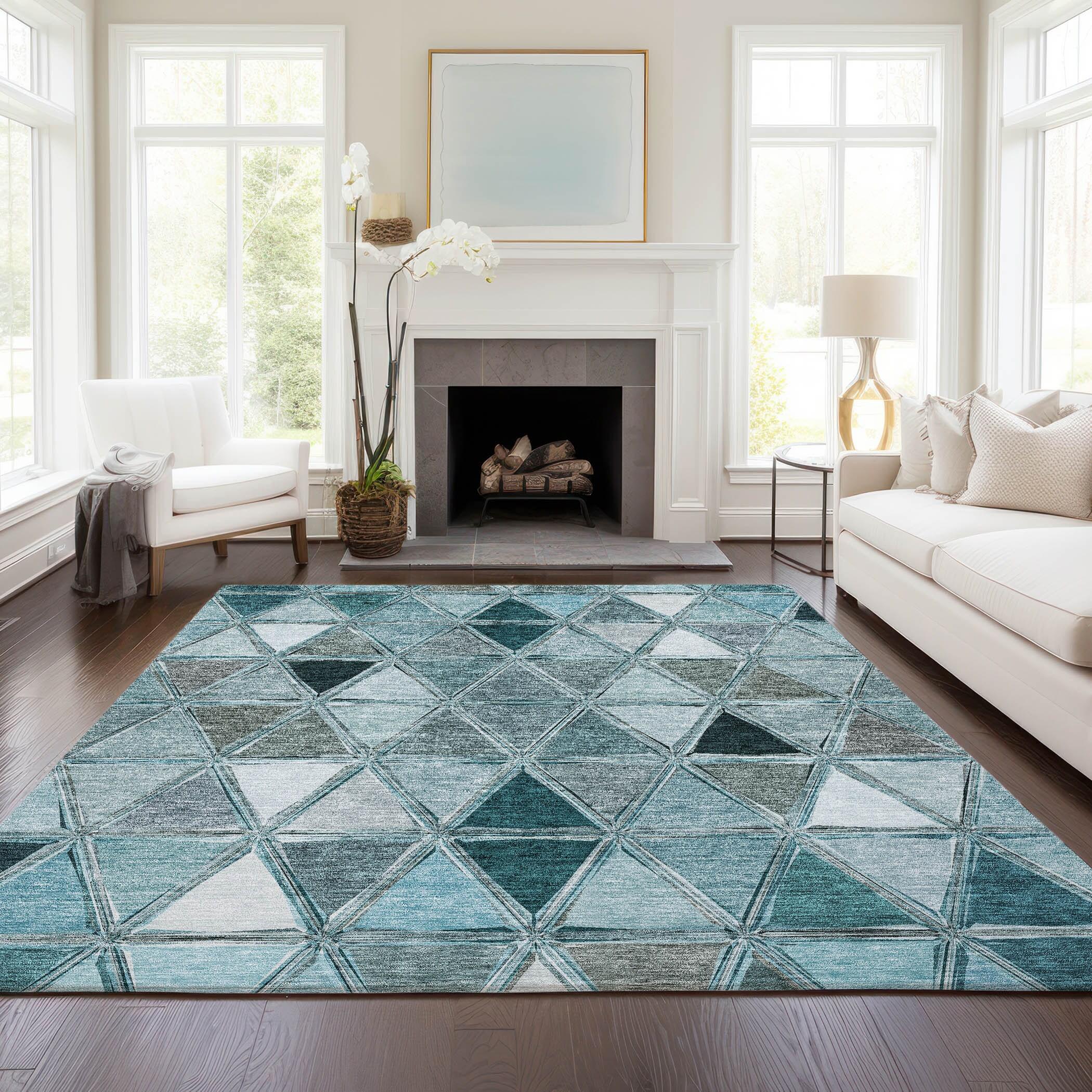 Teal Geometric Flat Woven Indoor Outdoor Washable Rug