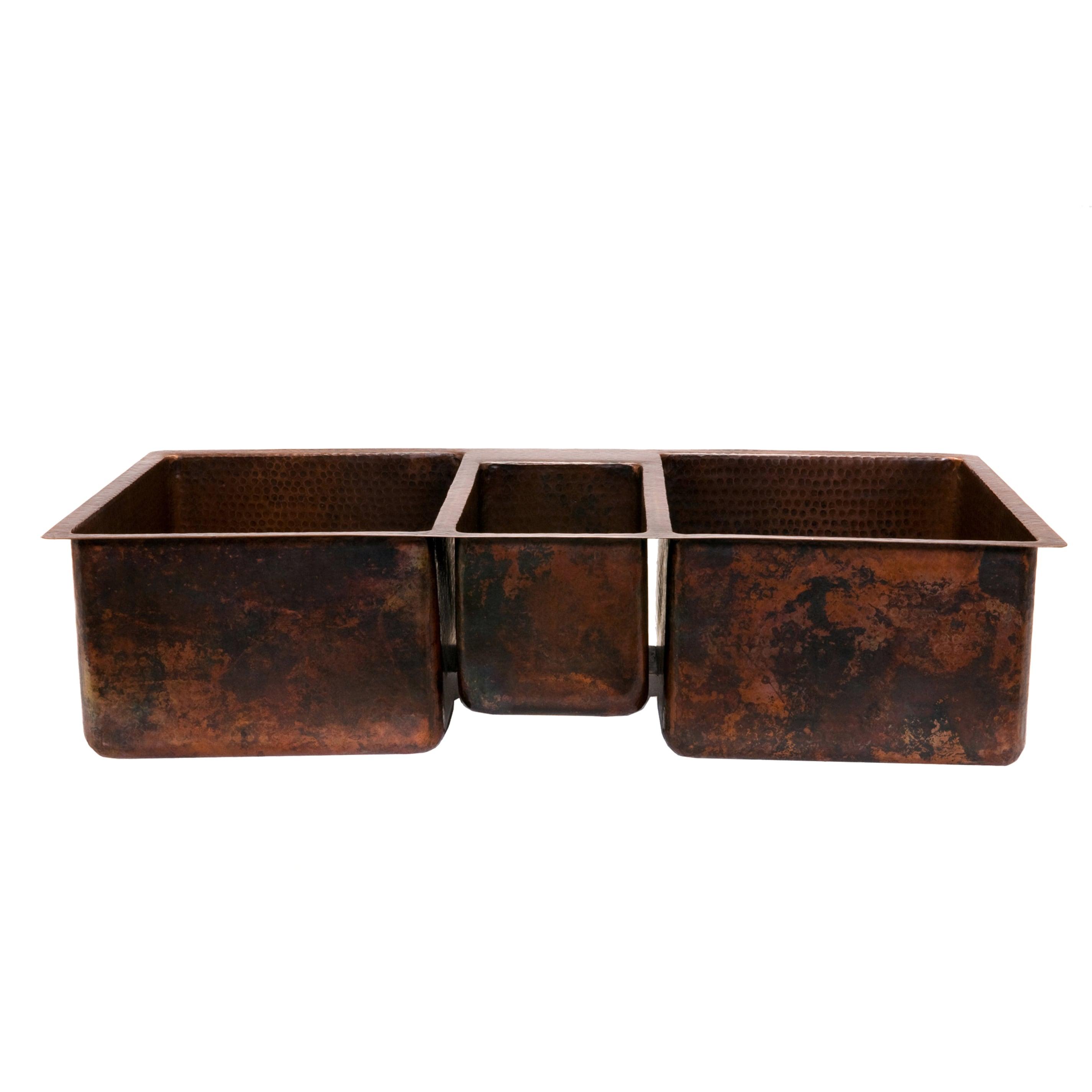 42" Hammered Copper Triple Basin Kitchen Sink