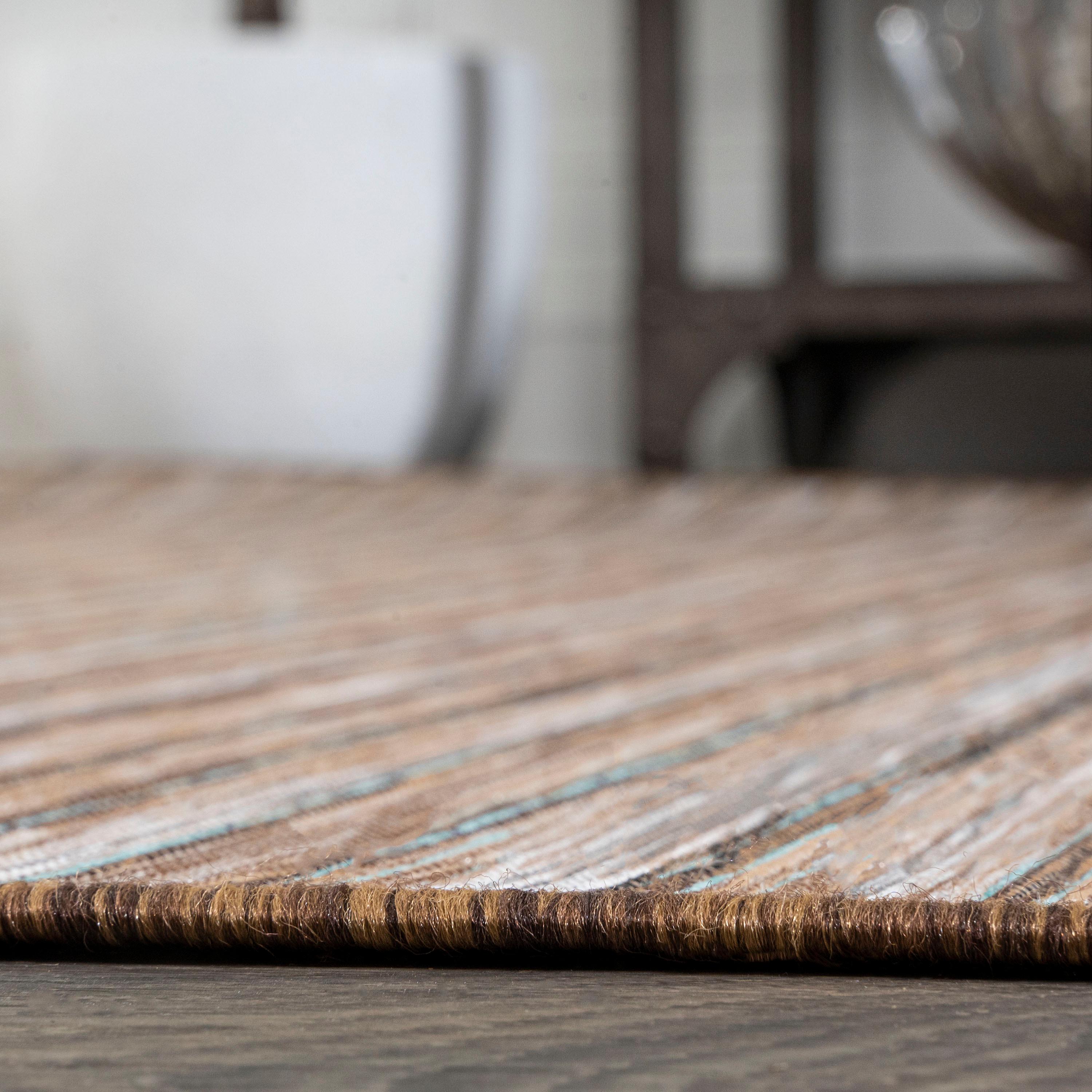 Natural Brown Flat Woven Synthetic Striped Runner Rug 2x8