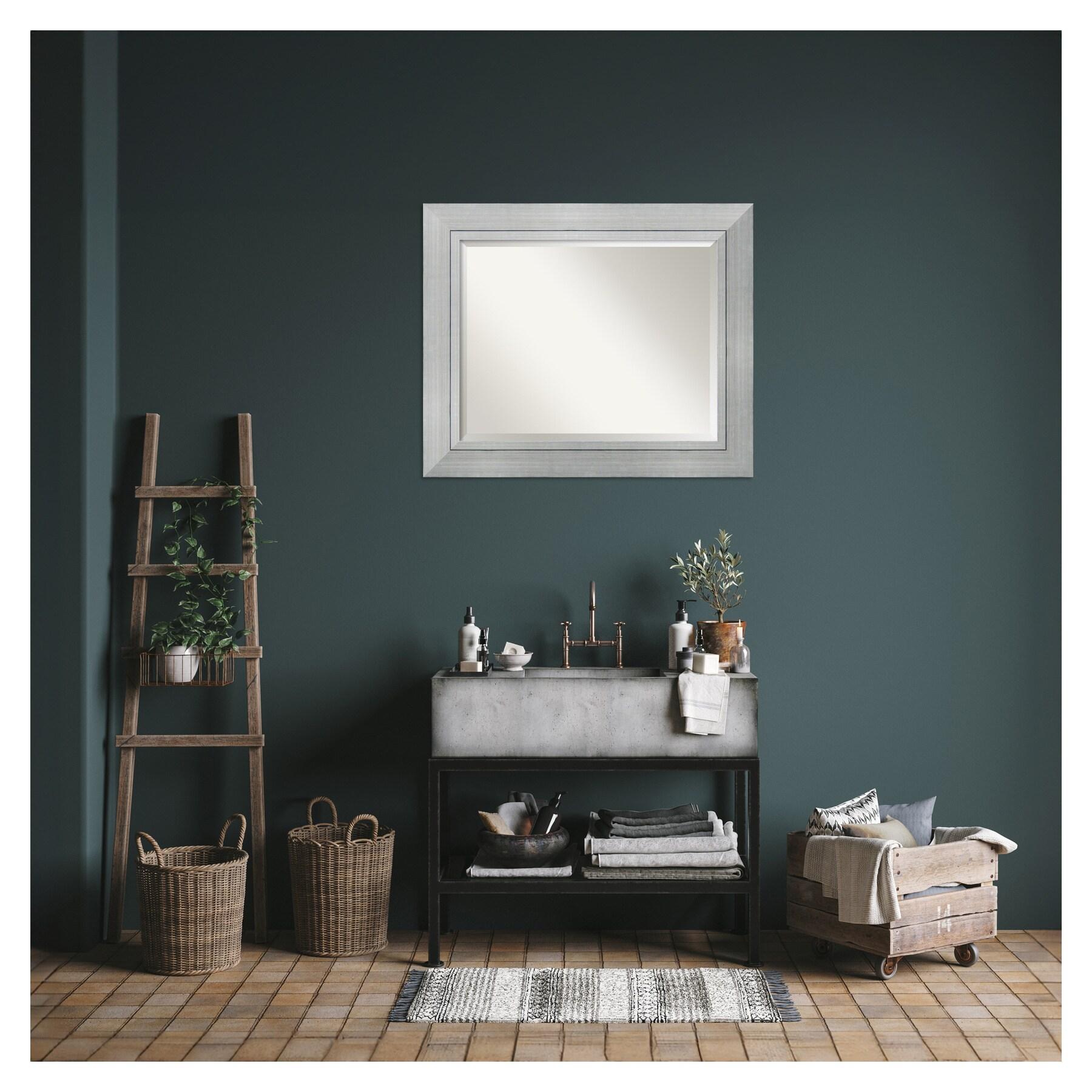 Romano Silver Beveled Rectangle Wood Bathroom Wall Mirror