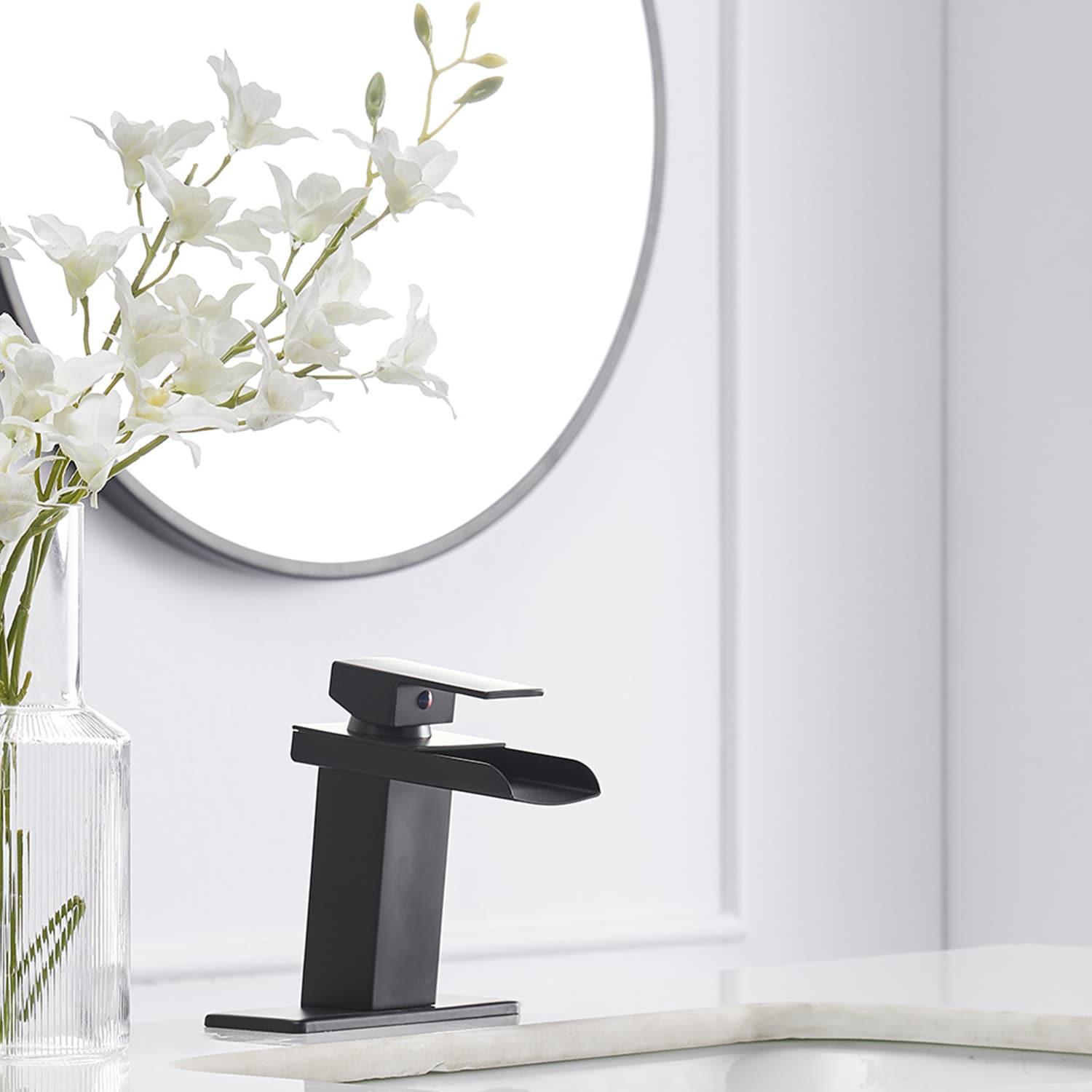 BWE Waterfall Single Hole Single-Handle Low-Arc Bathroom Faucet With Supply Line in Matte Black