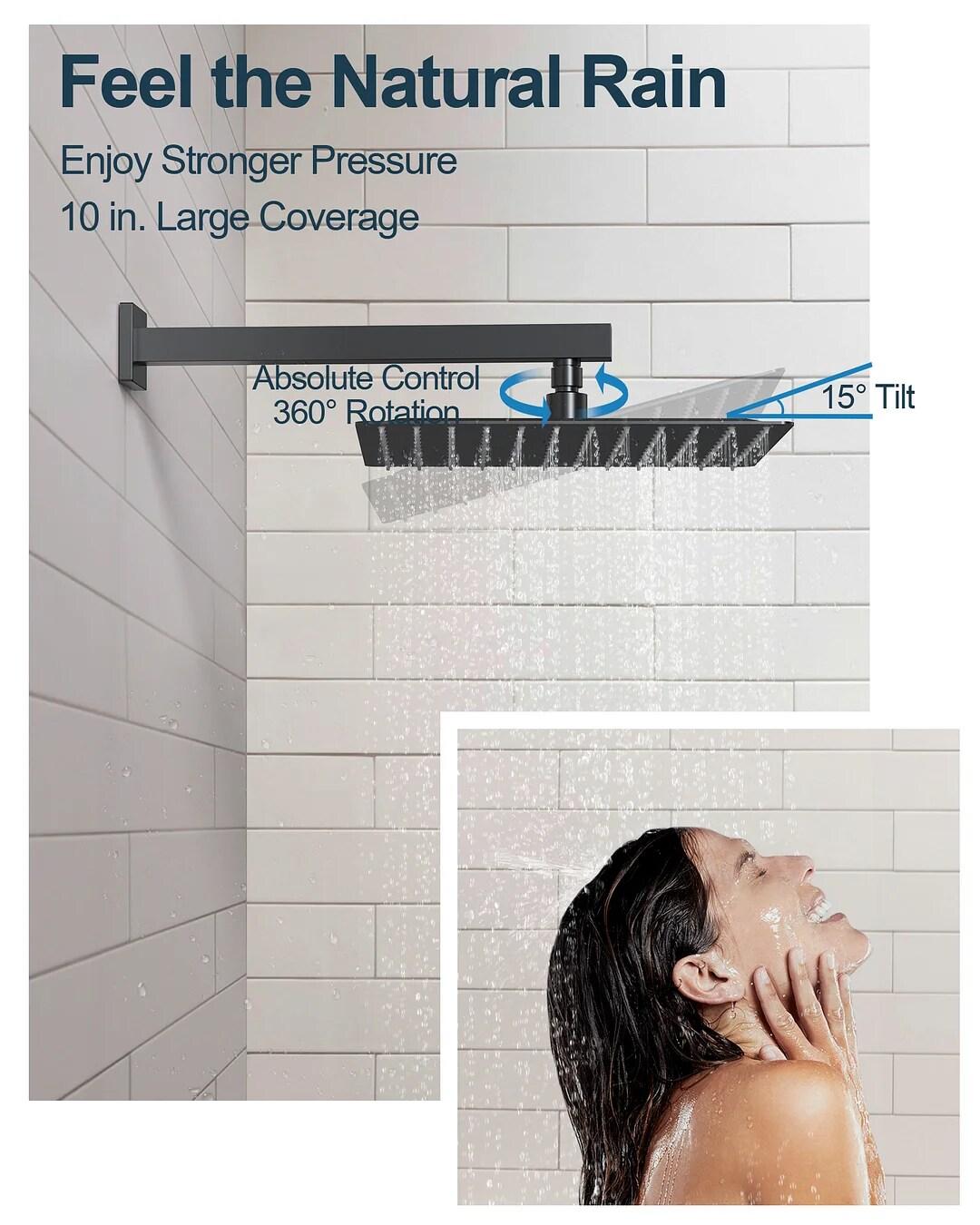 GRANDJOY Complete Shower System, 10" and 6" Dual Wall Mount Rain Shower Faucets with Handheld Shower Spray, High Pressure in Matte Black