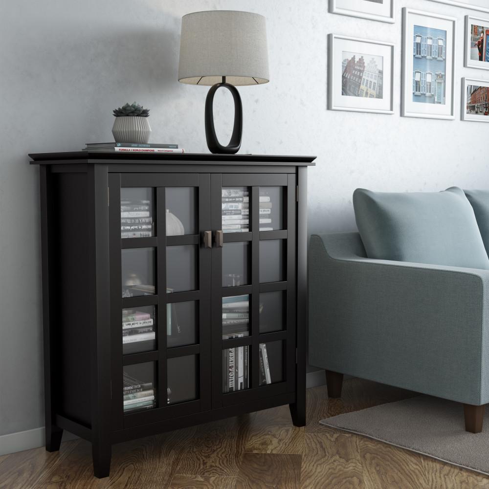 Simpli Home Artisan 38"W Solid Wood 4-Shelf Medium Storage Cabinet with Glass Doors and Adjustable Shelves