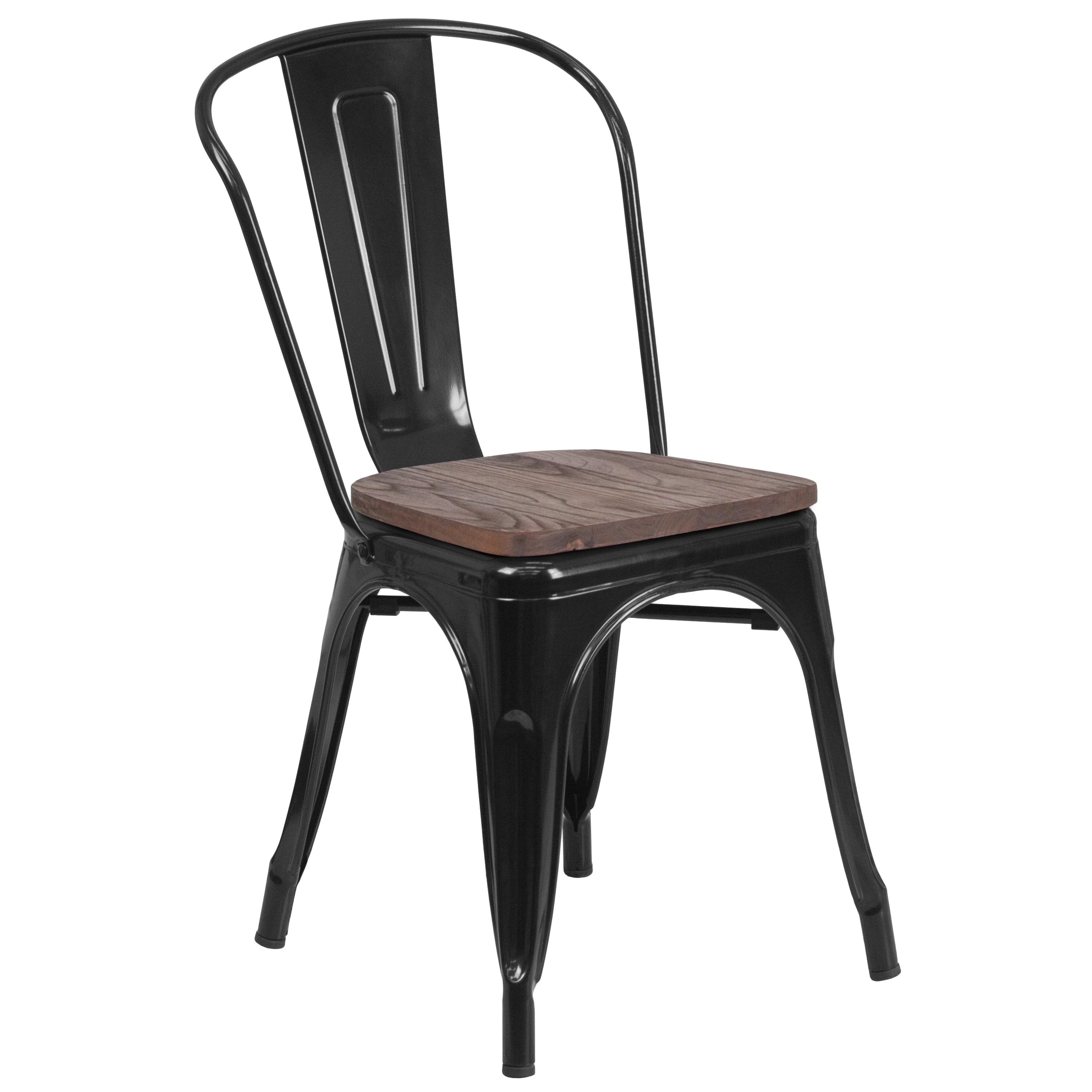 Flash Furniture Black Metal Stackable Chair with Wood Seat