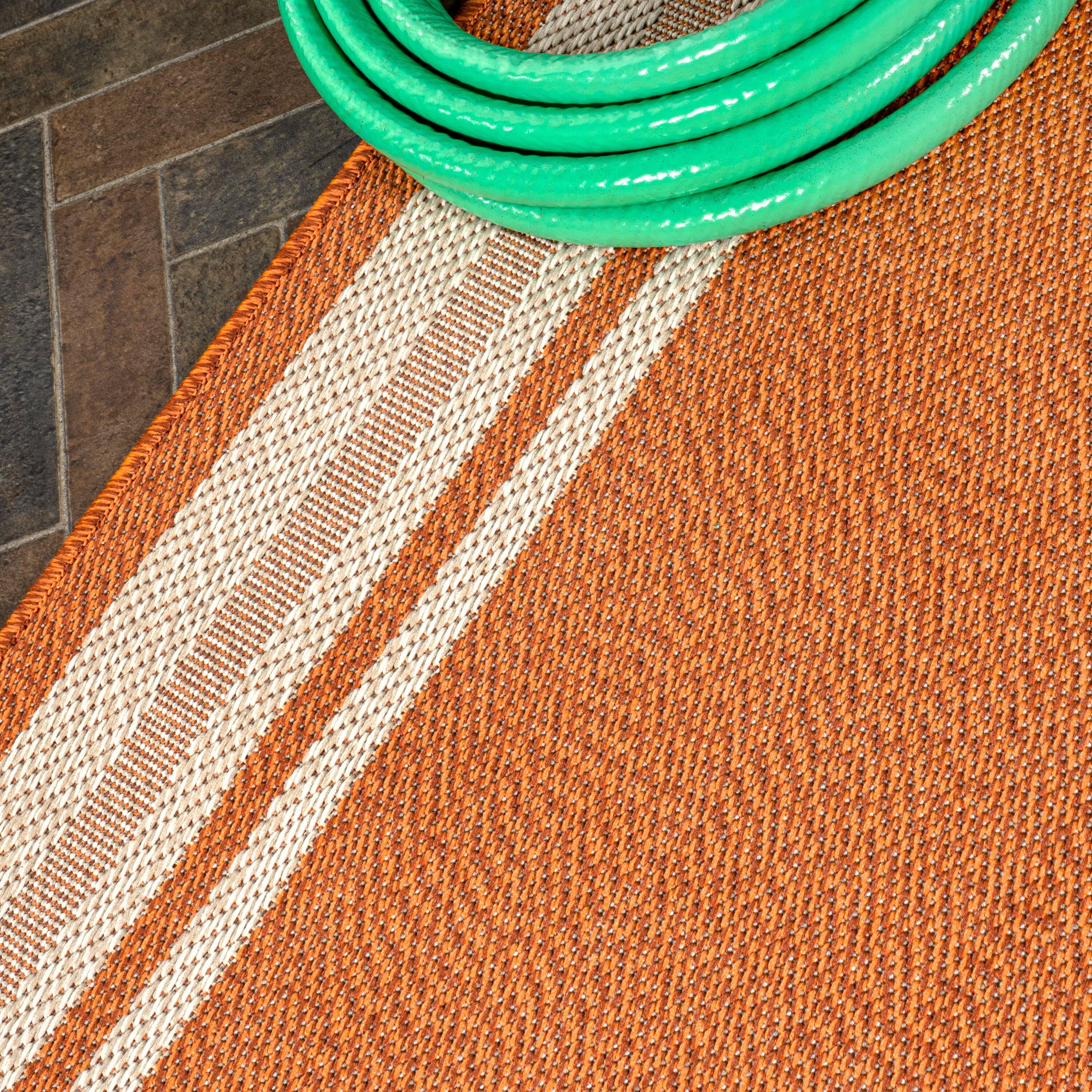 2' x 8' James Modern Border Stripe Indoor/Outdoor Runner Rug, Orange/Cream - JONATHAN Y