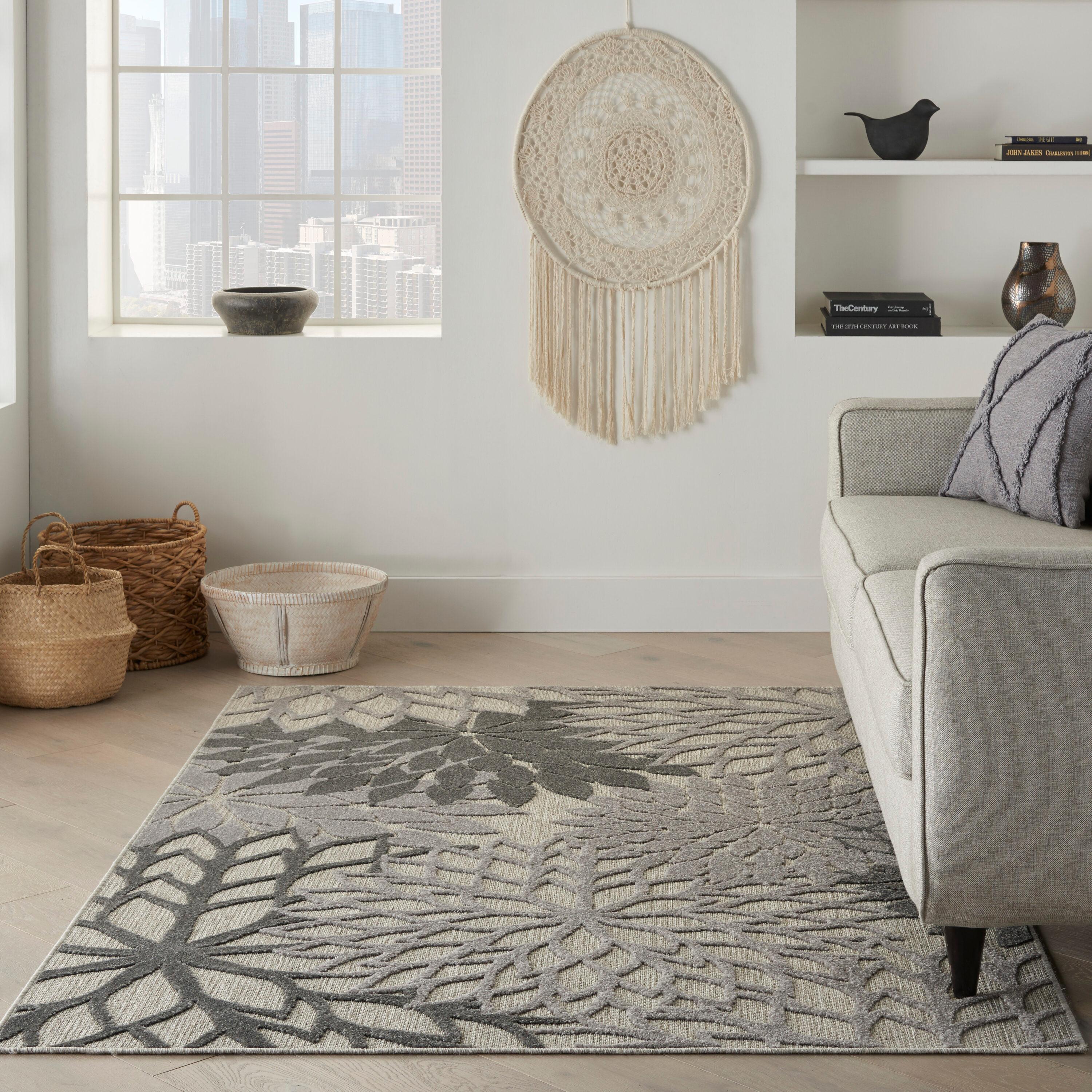 Nourison Aloha Floral Bloom Flatweave High-Low Indoor Outdoor Area Rug Silver Grey 3'6" x 5'6"