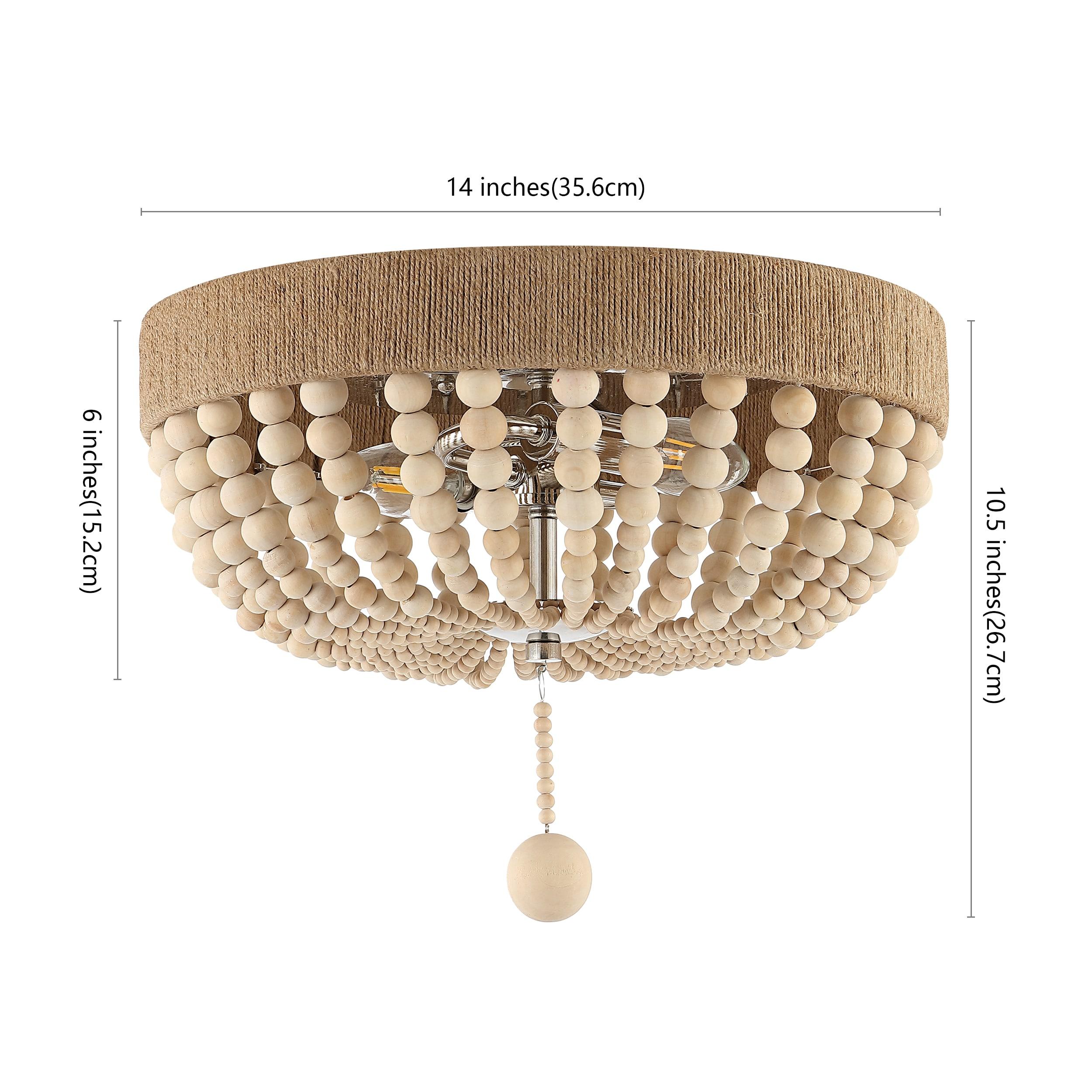 JONATHAN Y Justina Wood Bead 14" 2-Light Farmhouse Bohemian Iron LED Flush Mount, Light Taupe/Chrome, JYL1307A