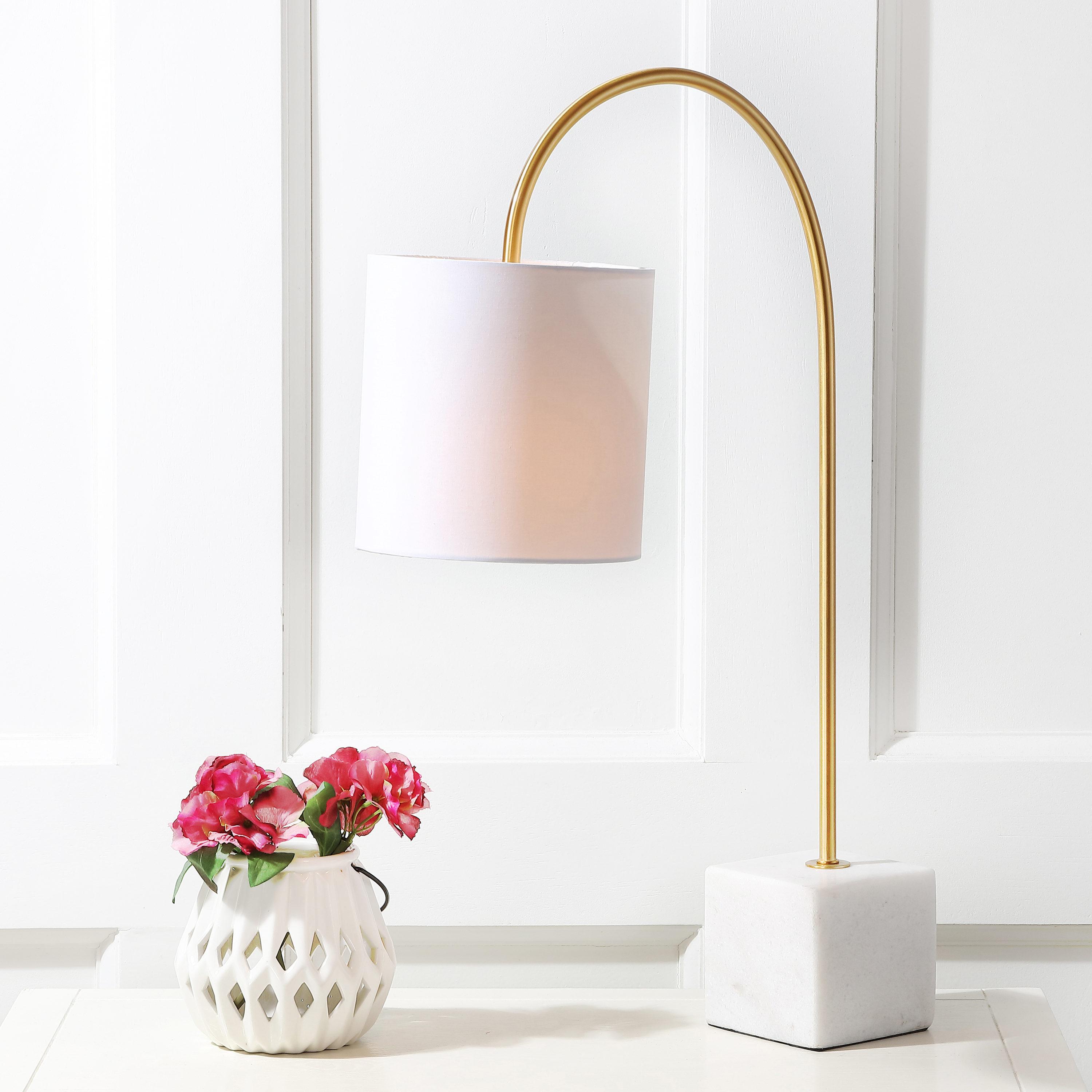 White Marble and Brass Arc Table Lamp with Cotton Shade