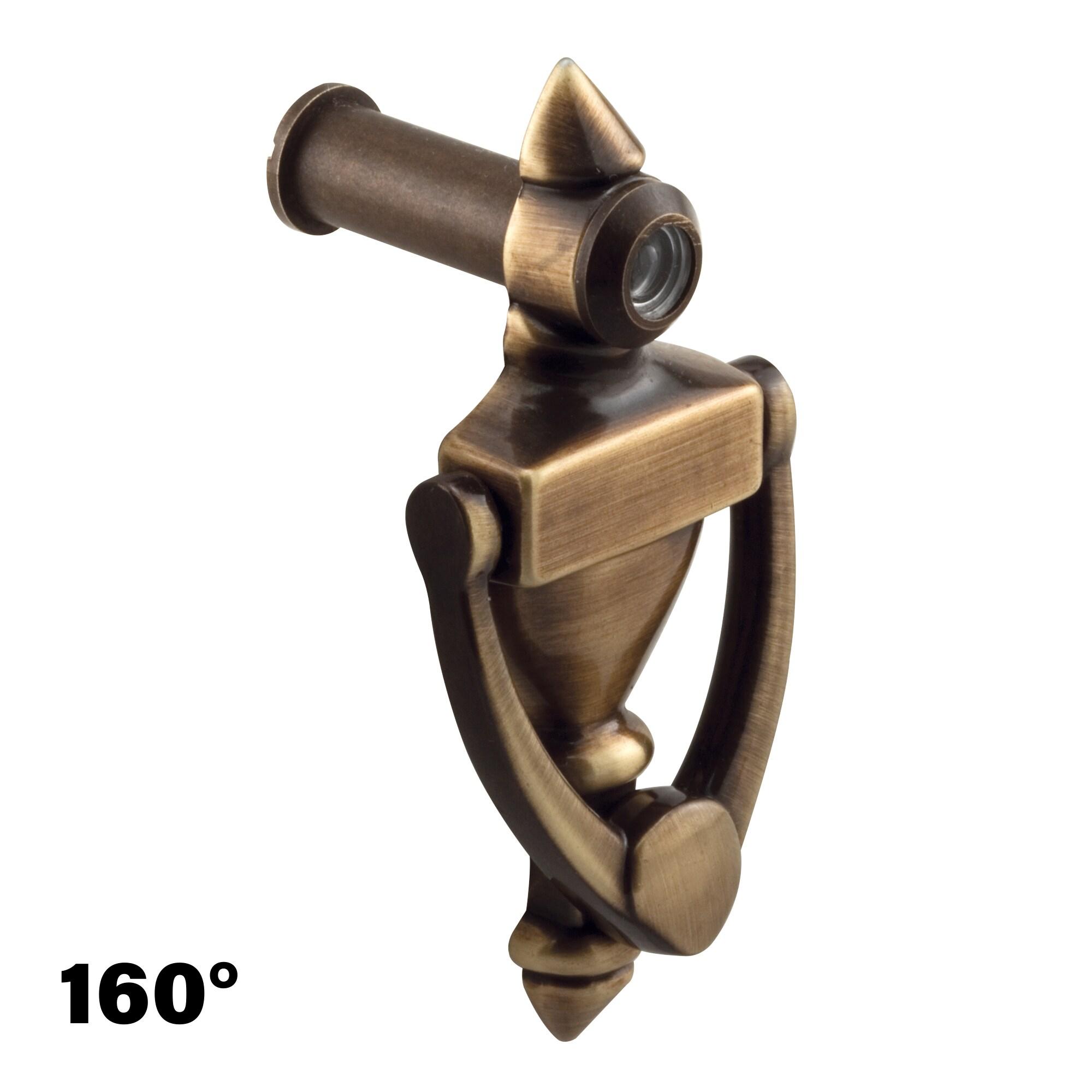 Door Knocker and Viewer, 1/2 in. Bore, 160-Degree View Angle, Antique Brass