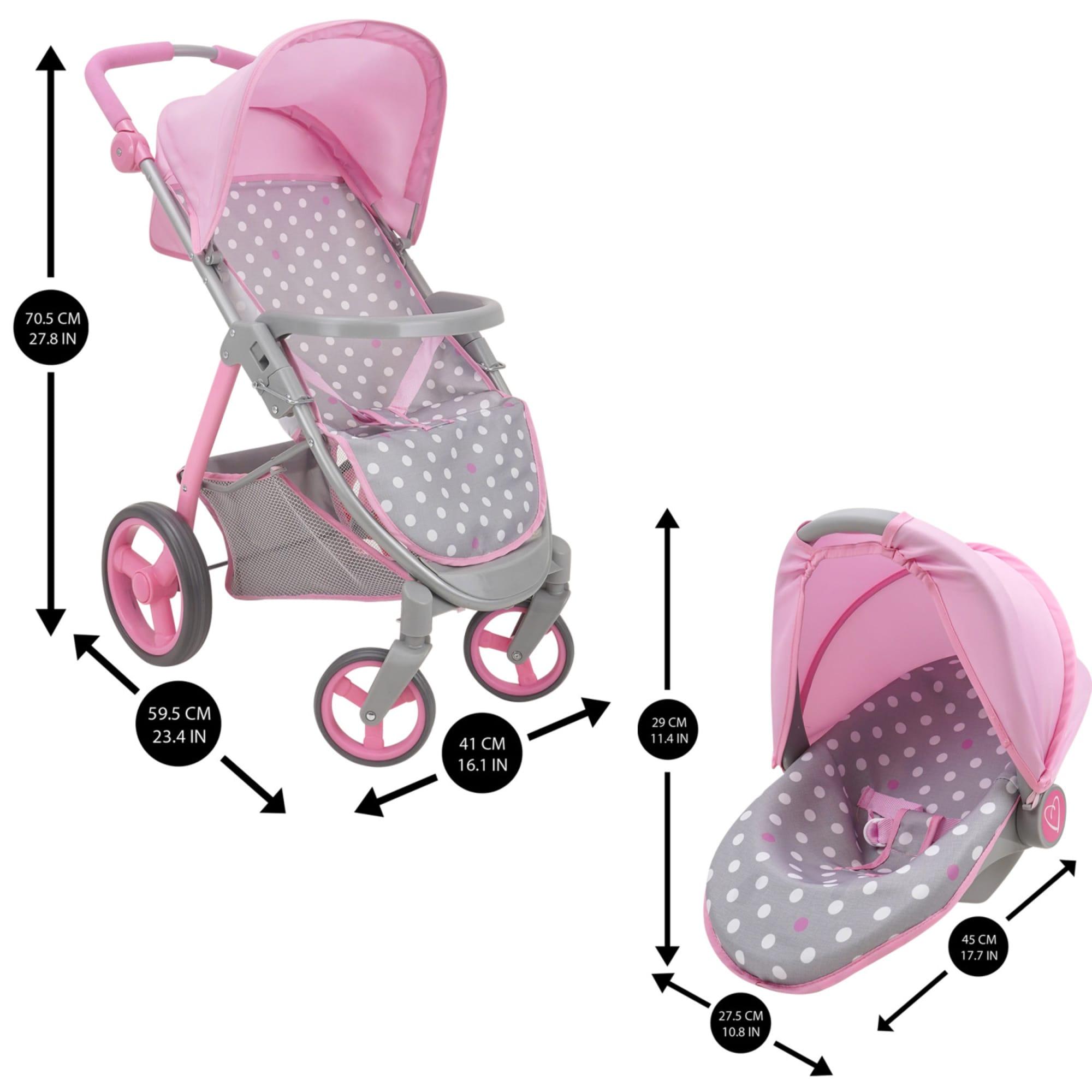 Cotton Candy Pink Doll Travel System in Grey Polka Dots, Fits Dolls Up to 18"