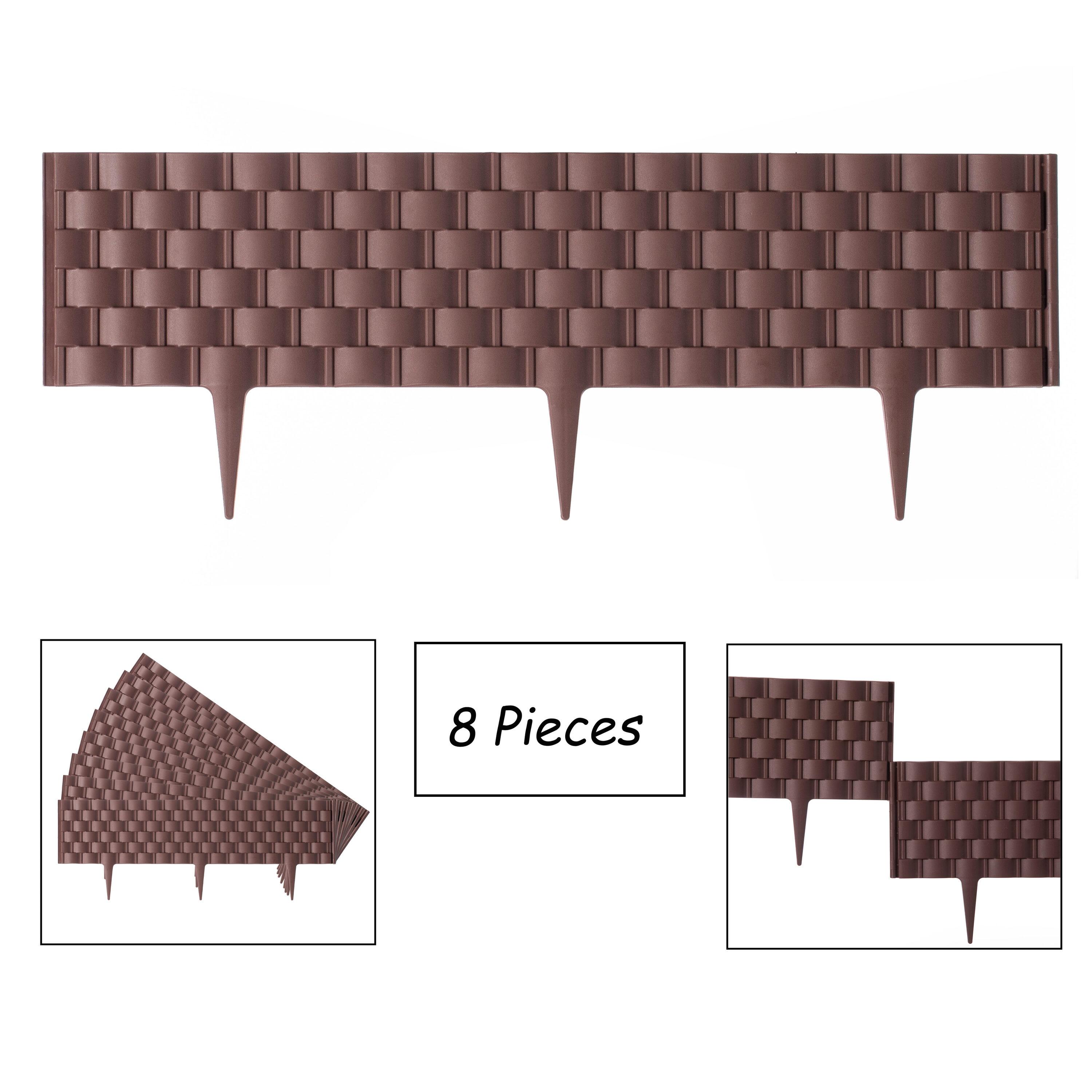 Gardenised Set of 8 Pcs Rattan-Inspired Plastic Landscape Edging and Garden Fence Borders in a Rich Coffee Hue for Lawn, Outdoor Patio, Garden