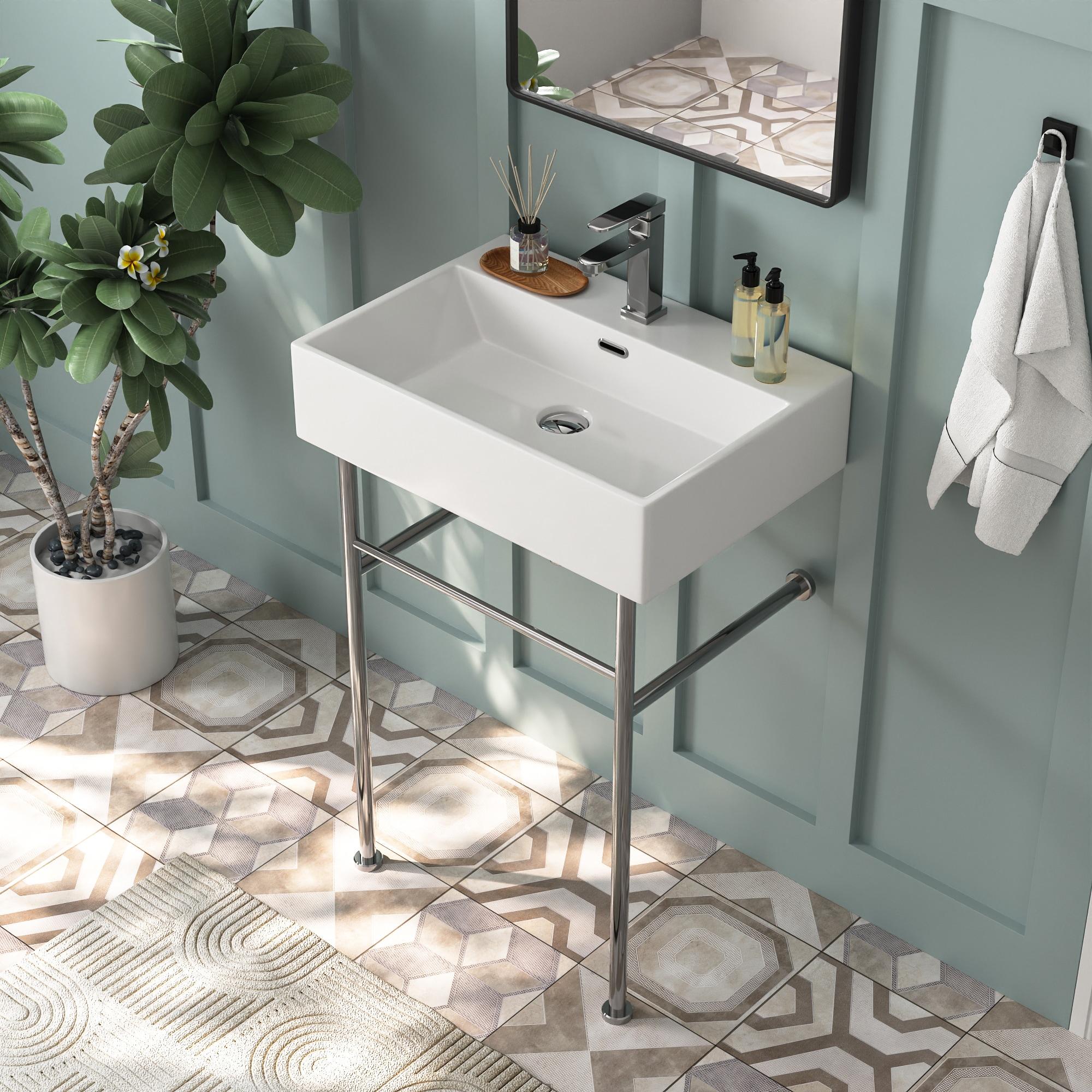 Ceramic White Rectangular Single Faucet Hole 24 in Console Bathroom Sink with Overflow