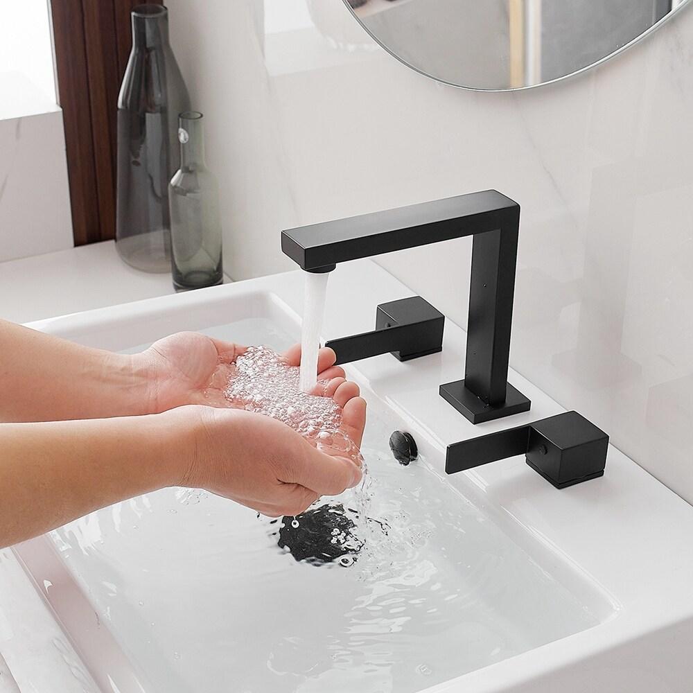 BWE 8 in. Widespread Double Handle Bathroom Faucet Water-Saving With Drain Kit In Matte Black