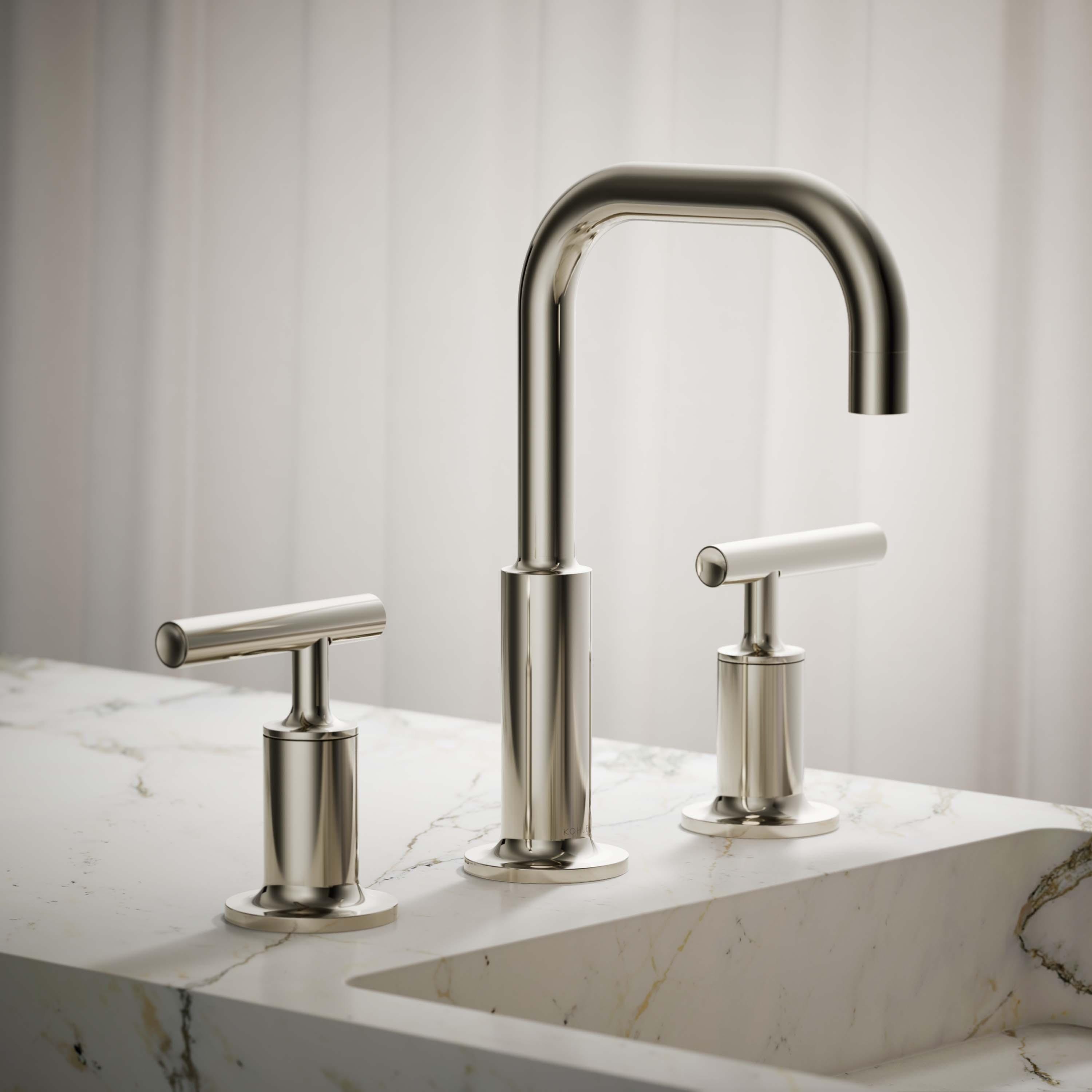 Purist® Widespread Faucet with Drain Assembly Low Lever Handles and Low Gooseneck Spout