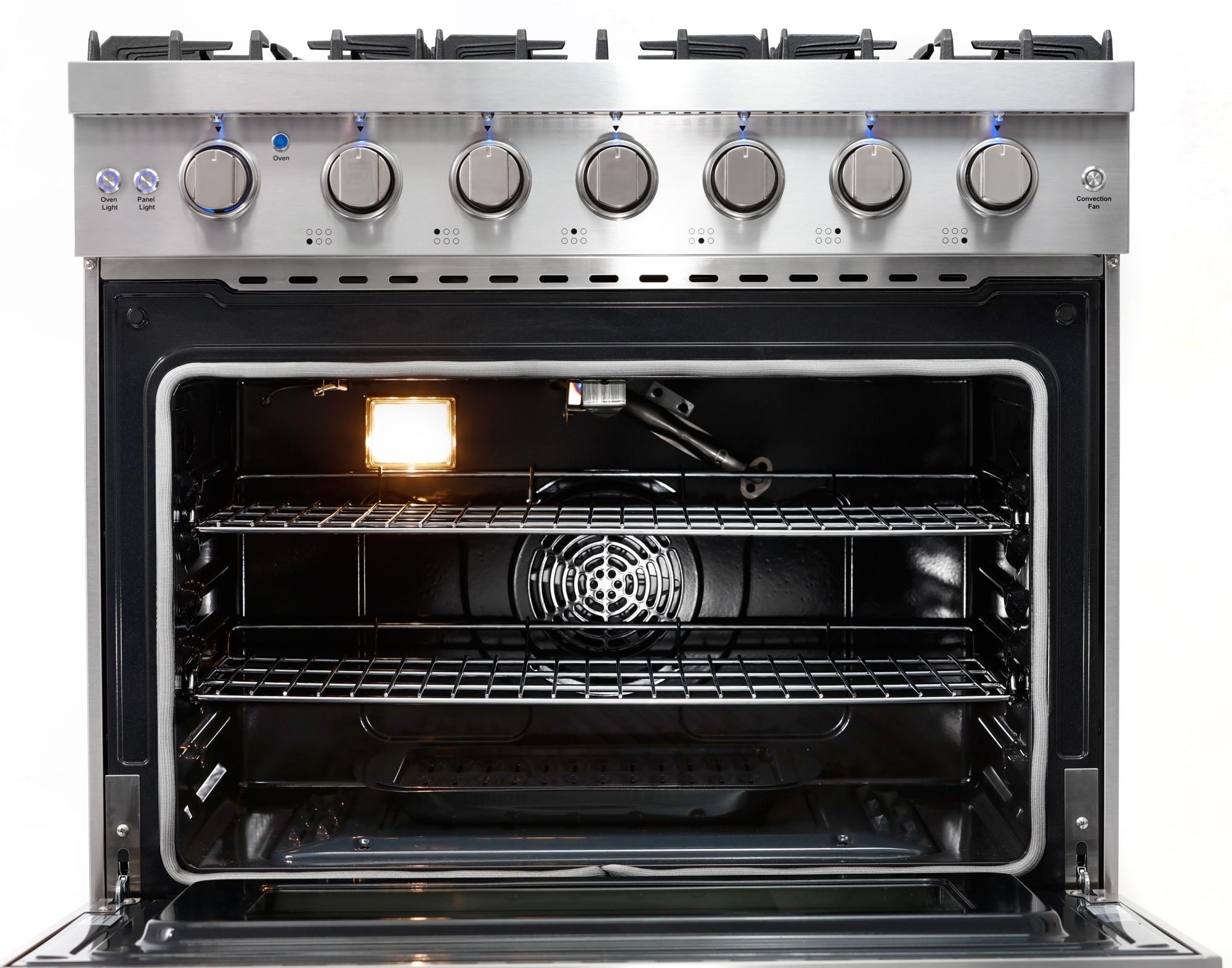 Cosmo 36 in. Haven Collection 6.0 cu. ft. Gas Range, 6 Burners, Convection Oven, Knob LEDs, Storage Drawer, Stainless Steel