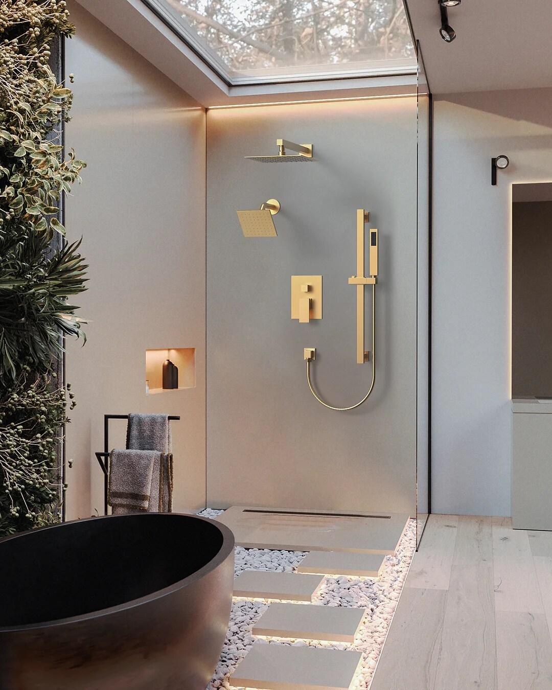 GRANDJOY Complete Shower System, 10" and 6" Dual Wall Mount Rain Shower Faucets with Handheld Shower Spray, High Pressure in Brushed Gold