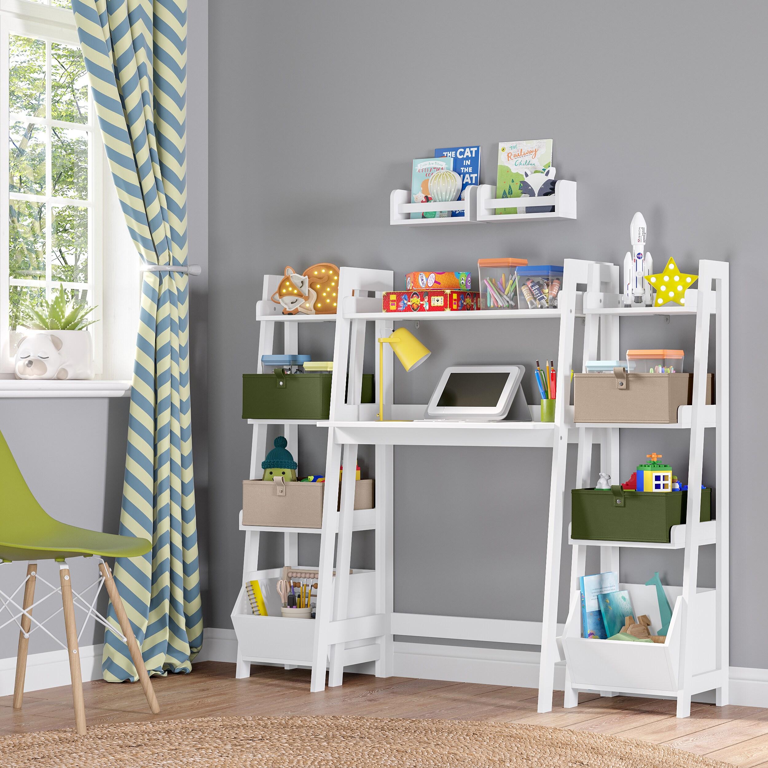 RiverRidge Home RiverRidge Kids 4-Tier 13in Ladder Shelf Toy Organizer and Book Storage with 3 Open Display Shelves- White with Two 5" Fabric Bins