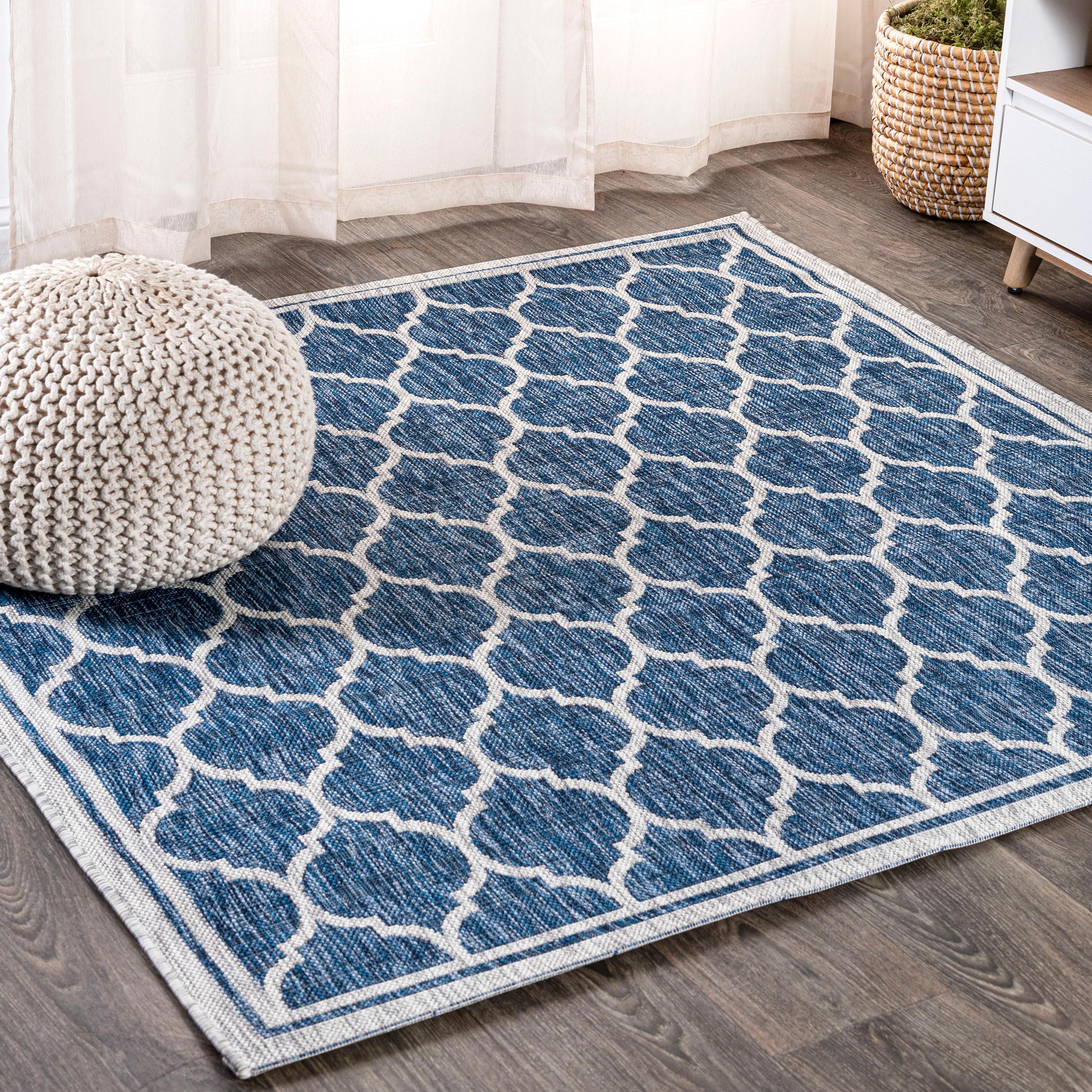 5' Square Trebol Moroccan Trellis Textured Weave Indoor/Outdoor Area Rug, Navy/Gray - JONATHAN Y