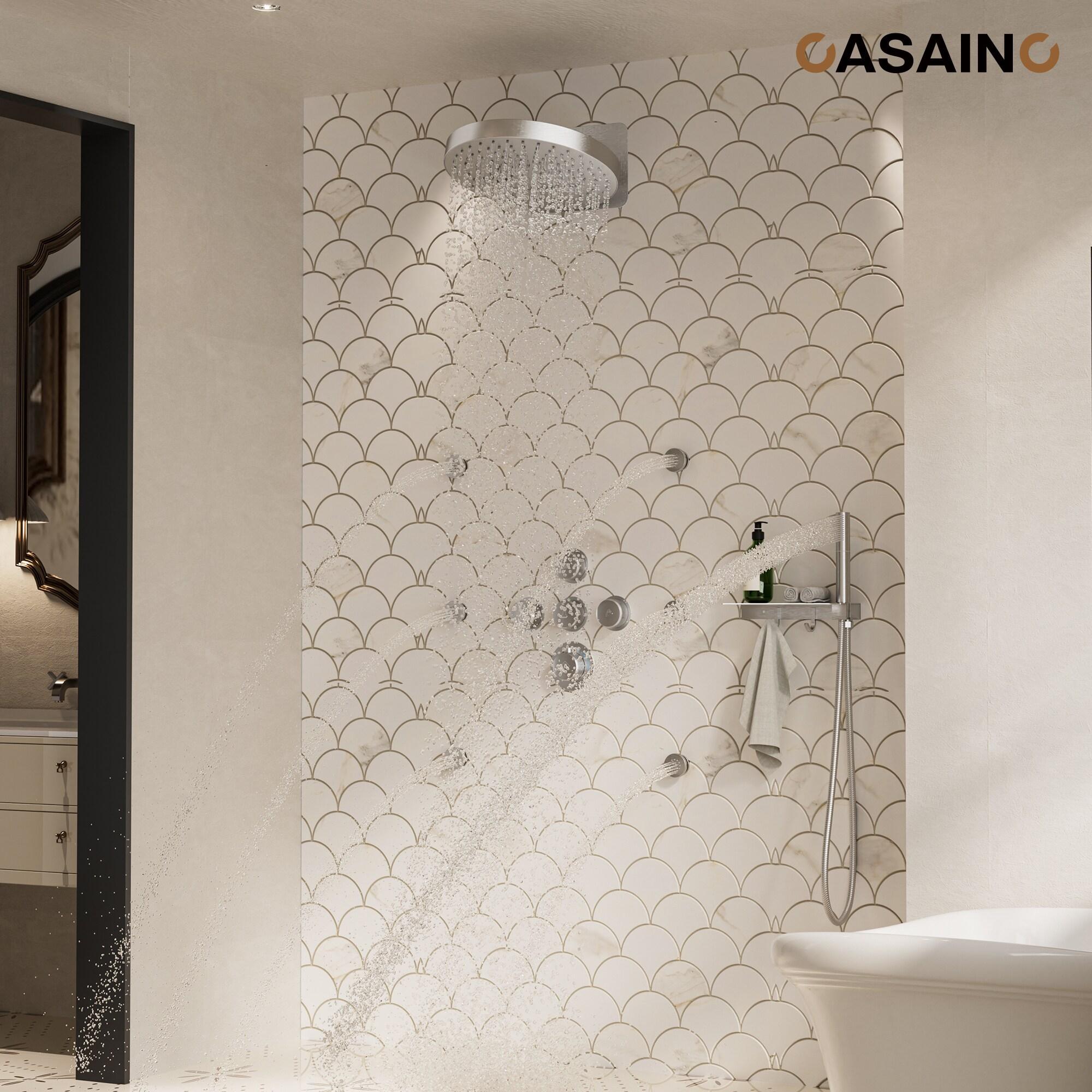 Rainfall Thermostatic Shower System with Body Jets, 2-Sprays Shower Head and a Shelf