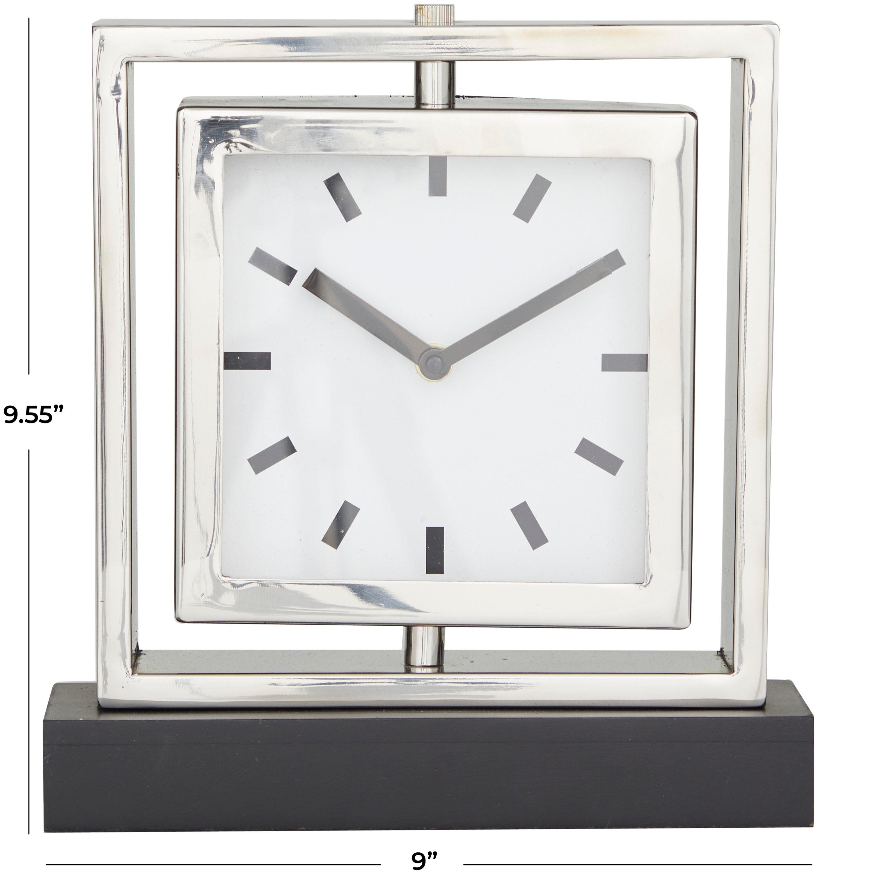 DecMode Stainless Steel Glam Square Table Clock 9"W x 10"H, with Silver Framed Structure, White Clock Face and Black Base