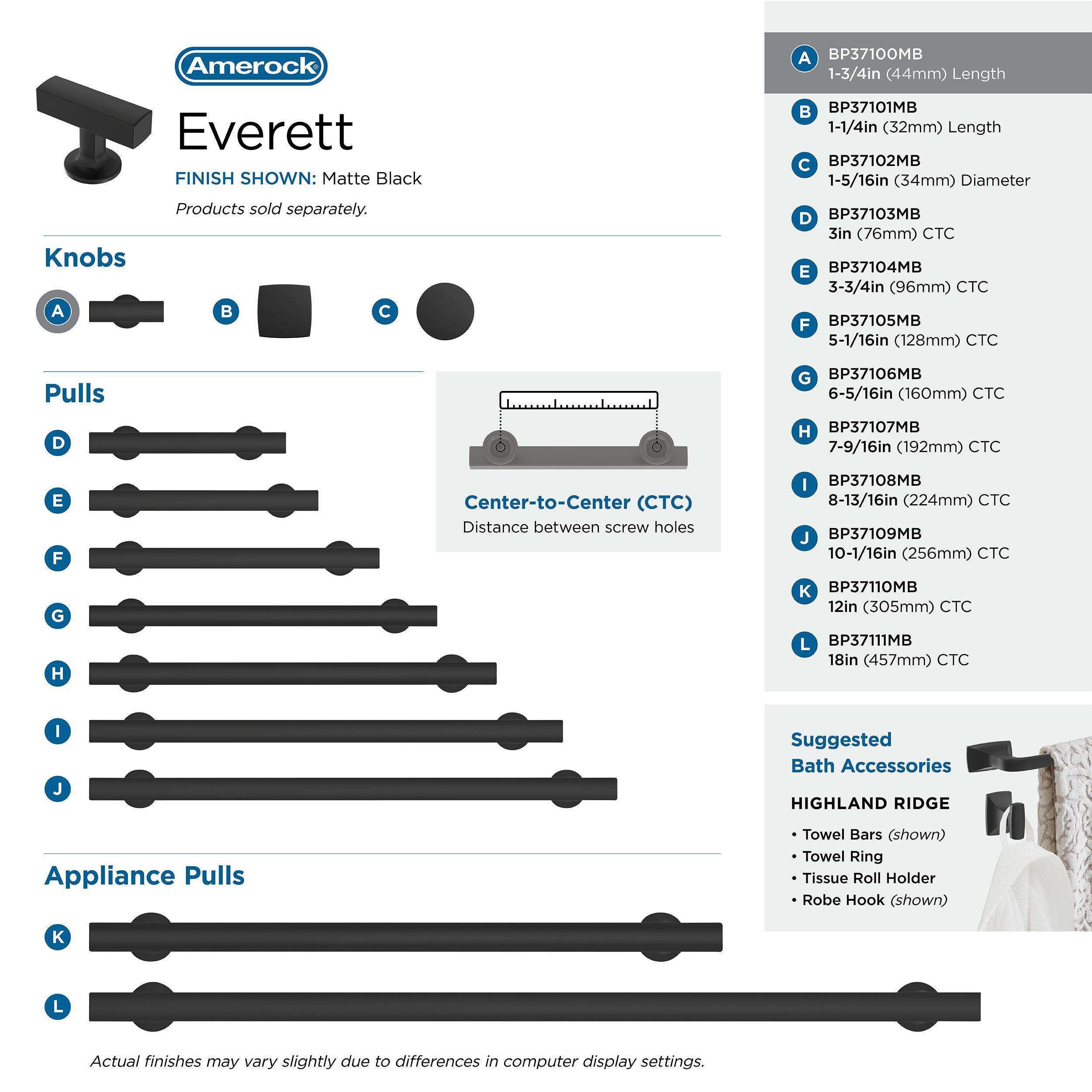 Amerock Everett 1-3/4 inch (44mm) Length Matte Black Cabinet Knob