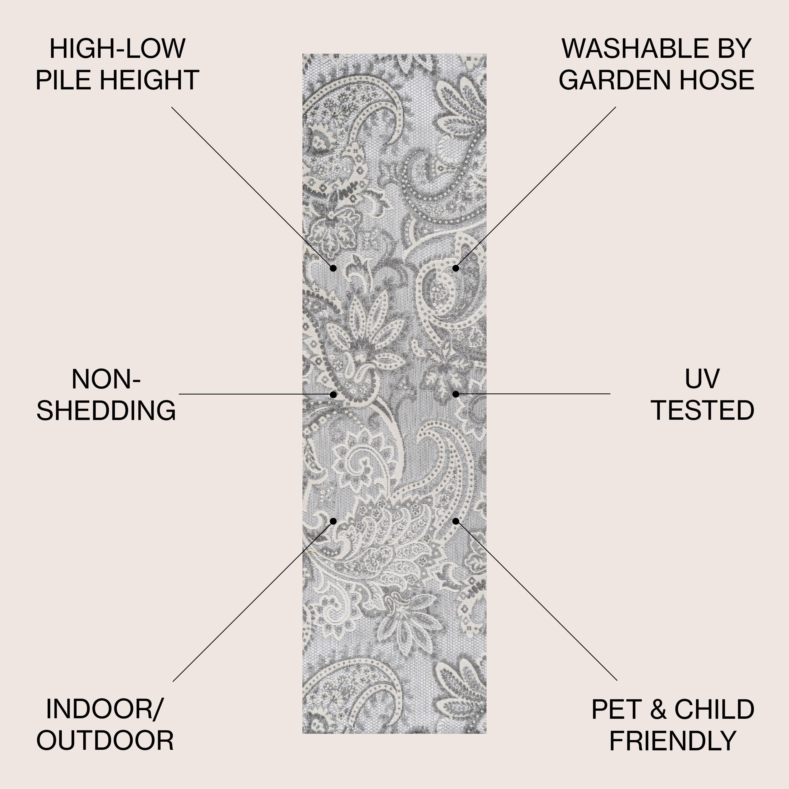 2'x8' Gordes Paisley High-Low Indoor/Outdoor Area Rug, Light Gray - JONATHAN Y