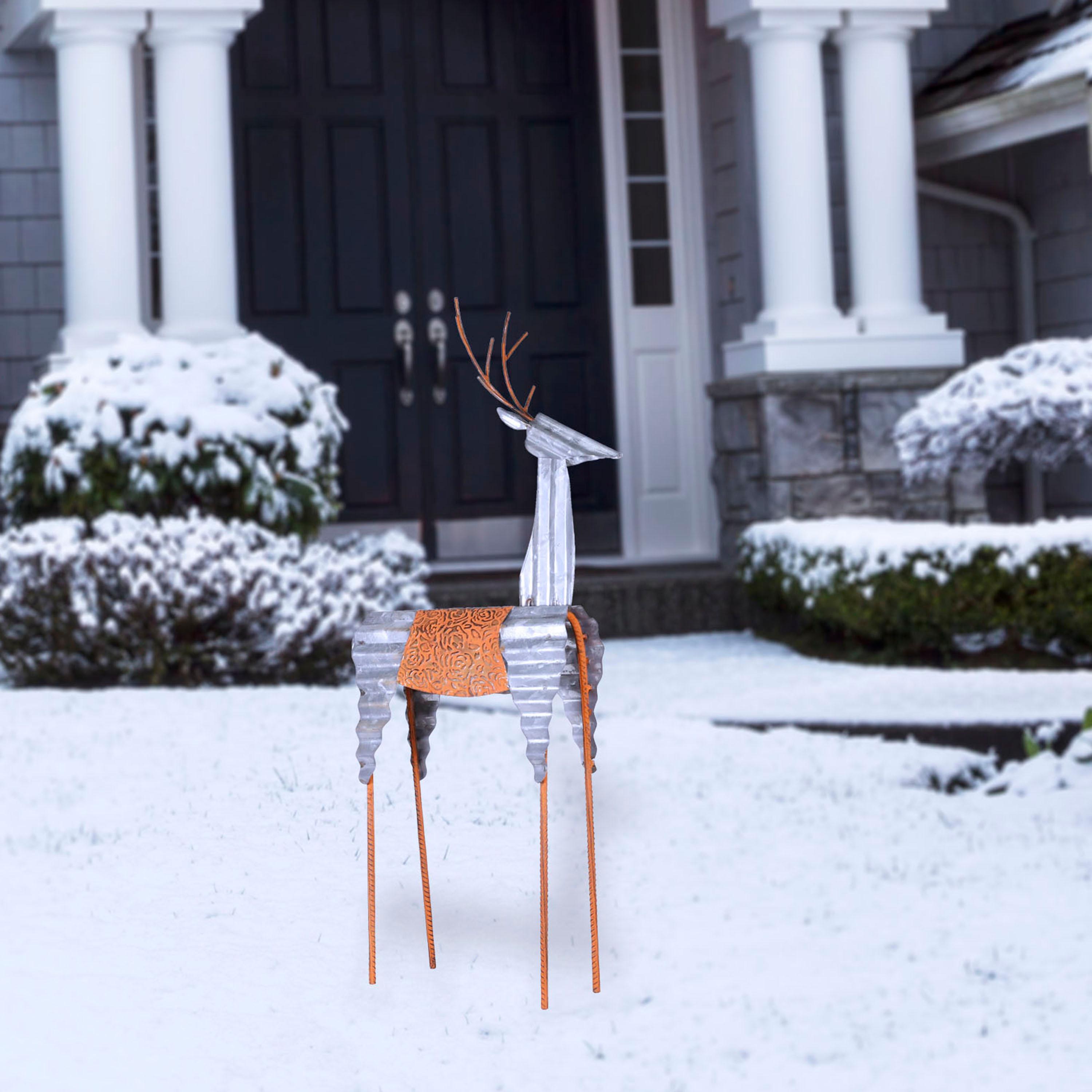 30-Inch Tall Silver and Orange Metal Reindeer Decoration