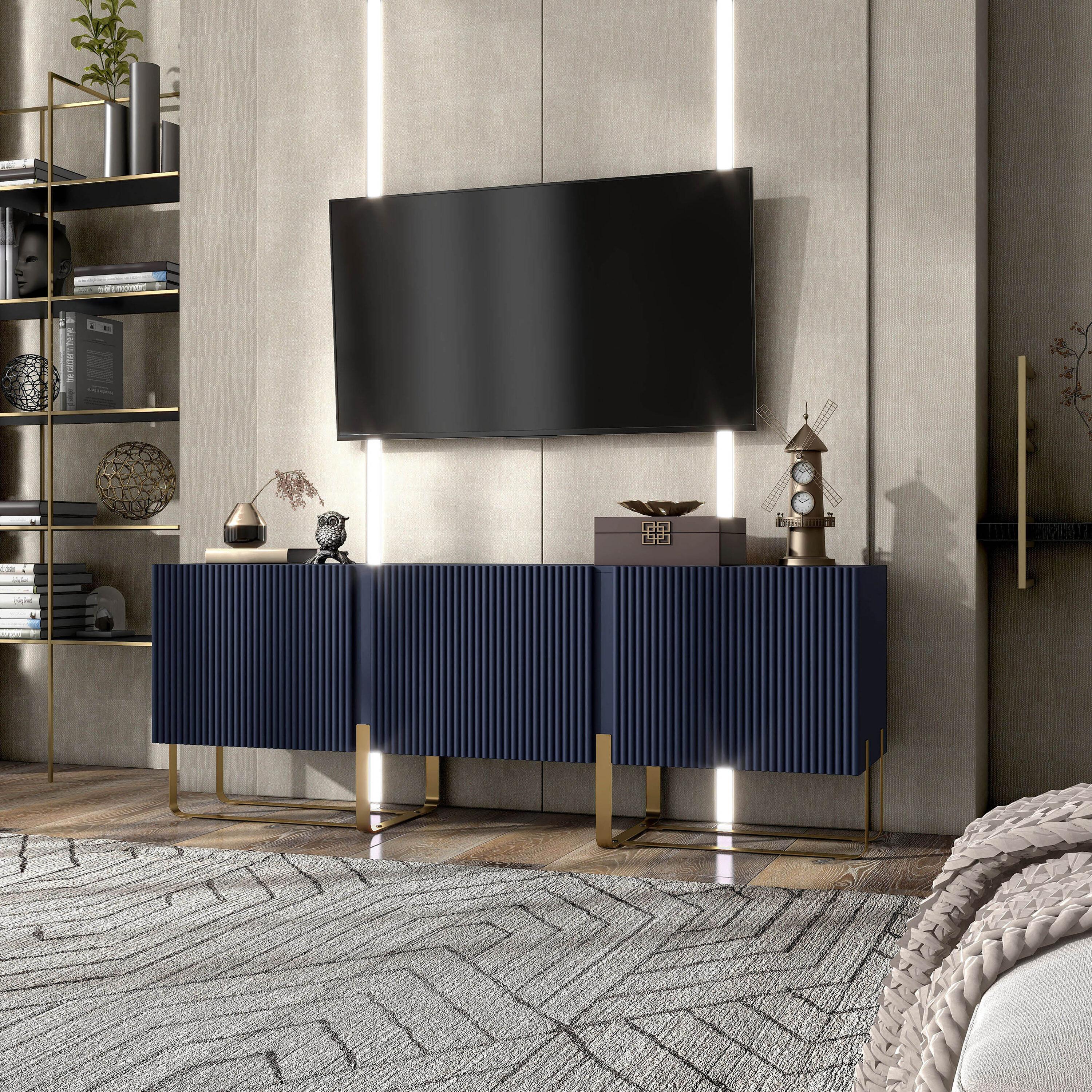 miBasics Forast Modern 3 Door Storage TV Stand for TVs up to 65" Indigo Blue