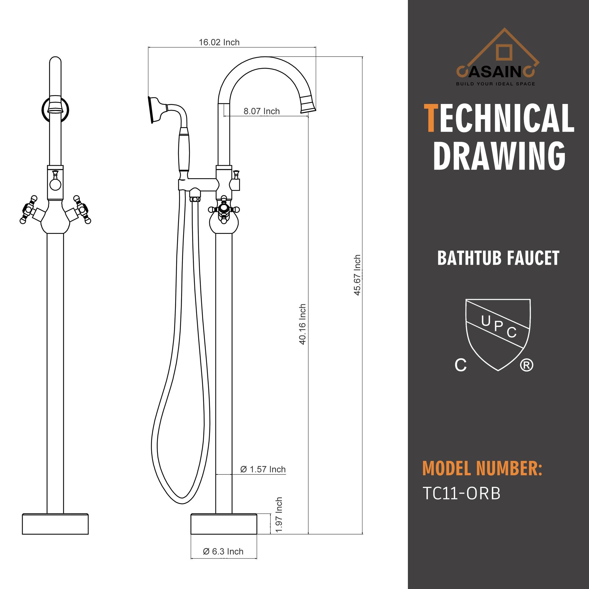 CASAINC Freestanding 2 Handles High Flow Bathtub Faucet with Hand Shower