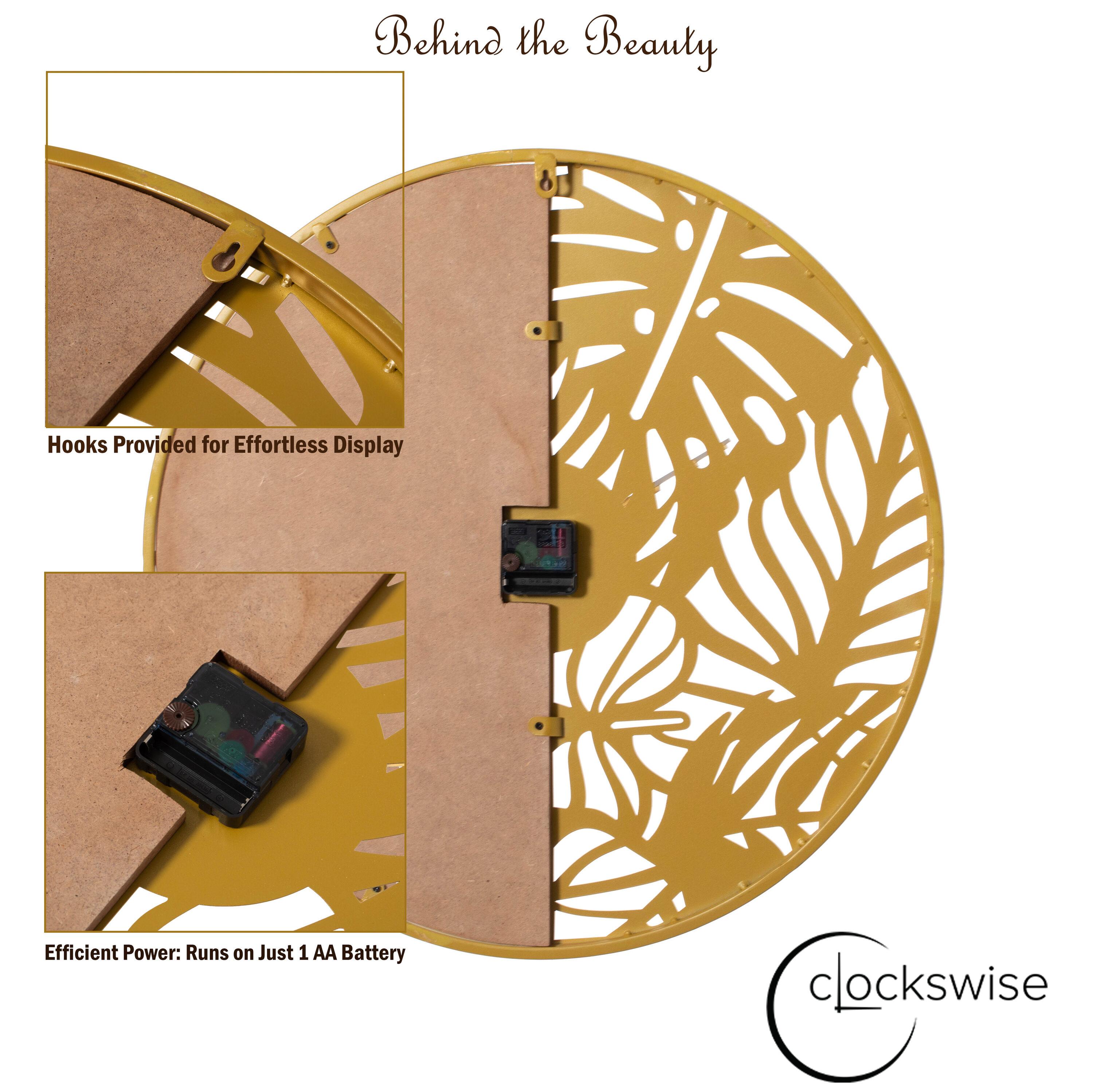 Clockswise 23.6” Round Big Wall Clock, brown wood and gold Metal with Leaf Cutout for Entryway Office Living Room or Kitchen, Hanging Supplies Include