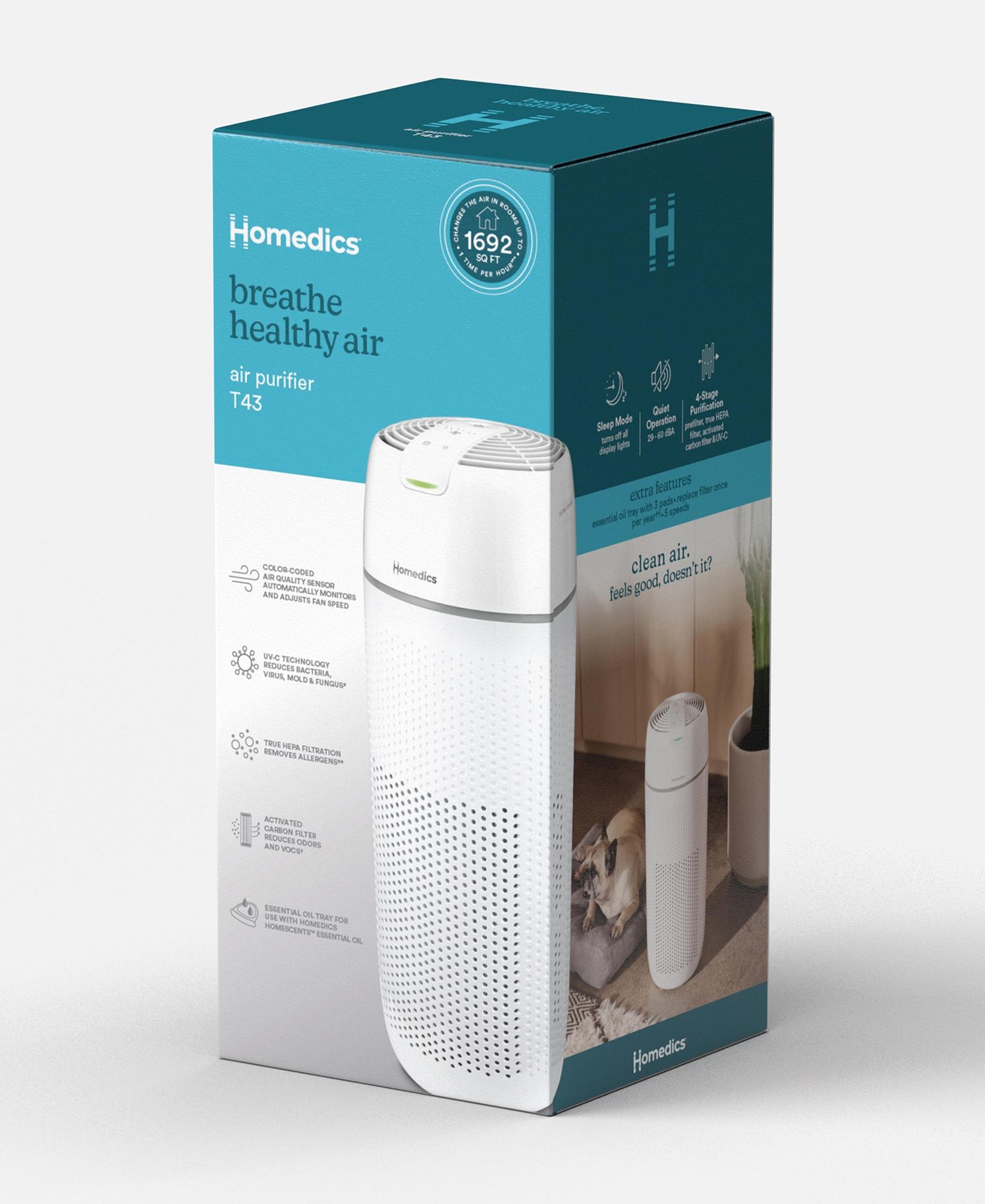 Homedics Air Purifier, 4-in-1 Tower, True HEPA Filtration, Reduce Airborne Allergens, Bacteria, Virus, Mold, Fungus, Reduce Odors & VOCs, UV-C Light, Activated Carbon Odor Filter, for Large Rooms