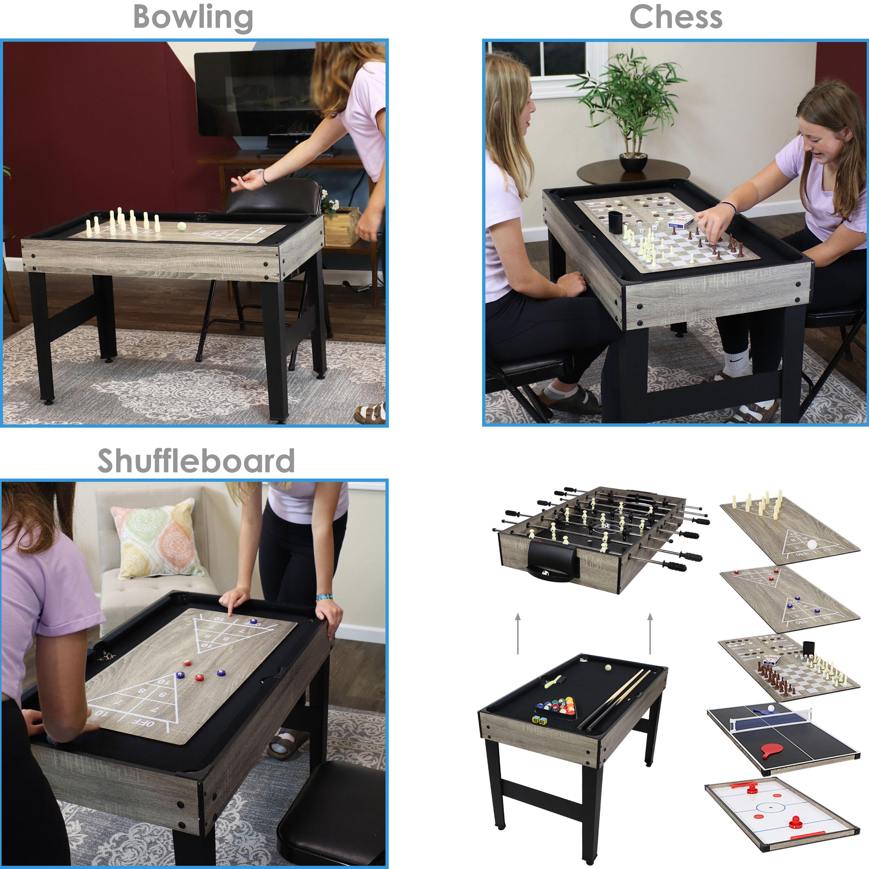 Sunnydaze Indoor Multi-Game Table with Billiards, Push Hockey, Foosball, Ping Pong, Bowling, and More - Classic Wood Stain