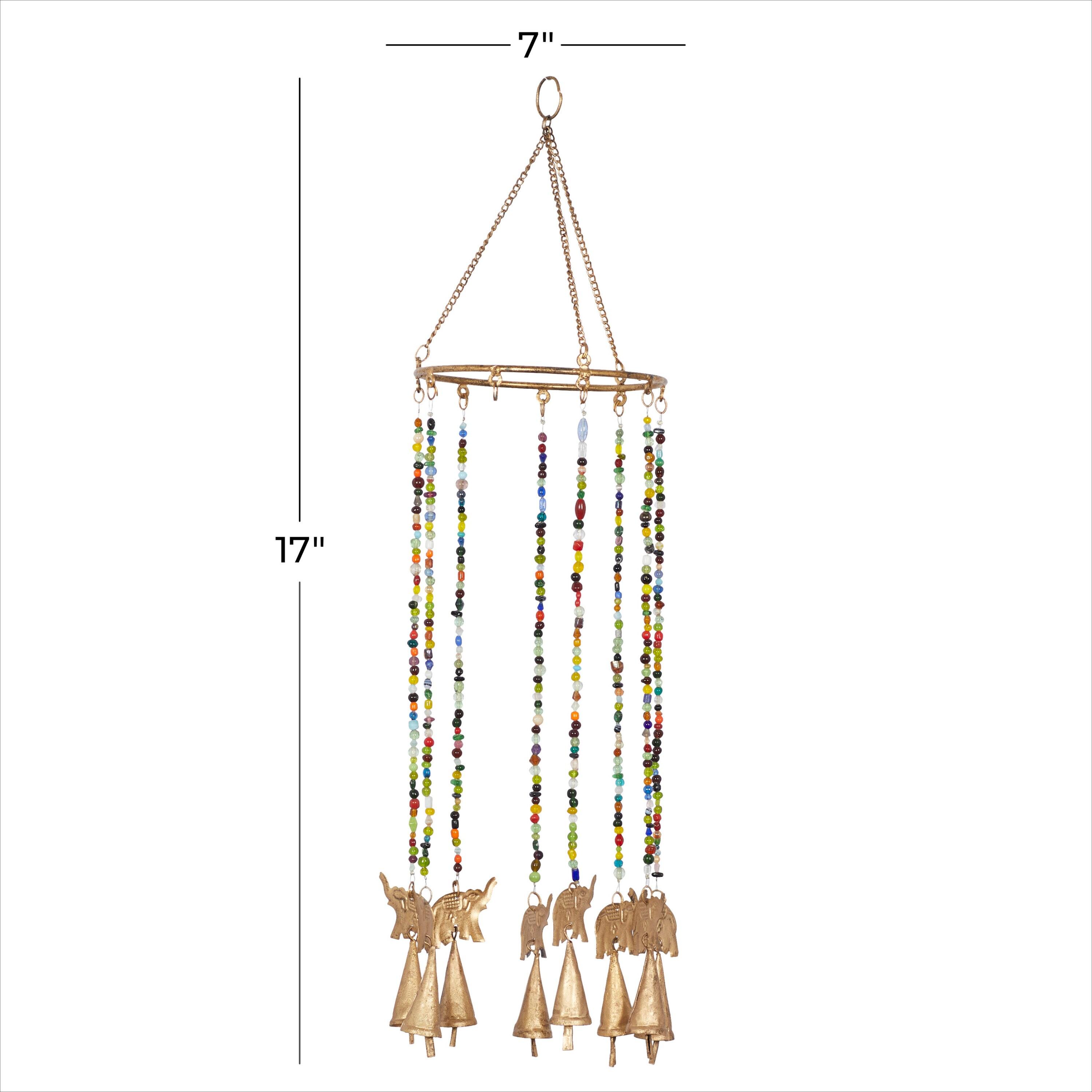 DecMode 17" Gold Metal Indoor Outdoor Elephant Windchime with Glass Beads and Cone Bells