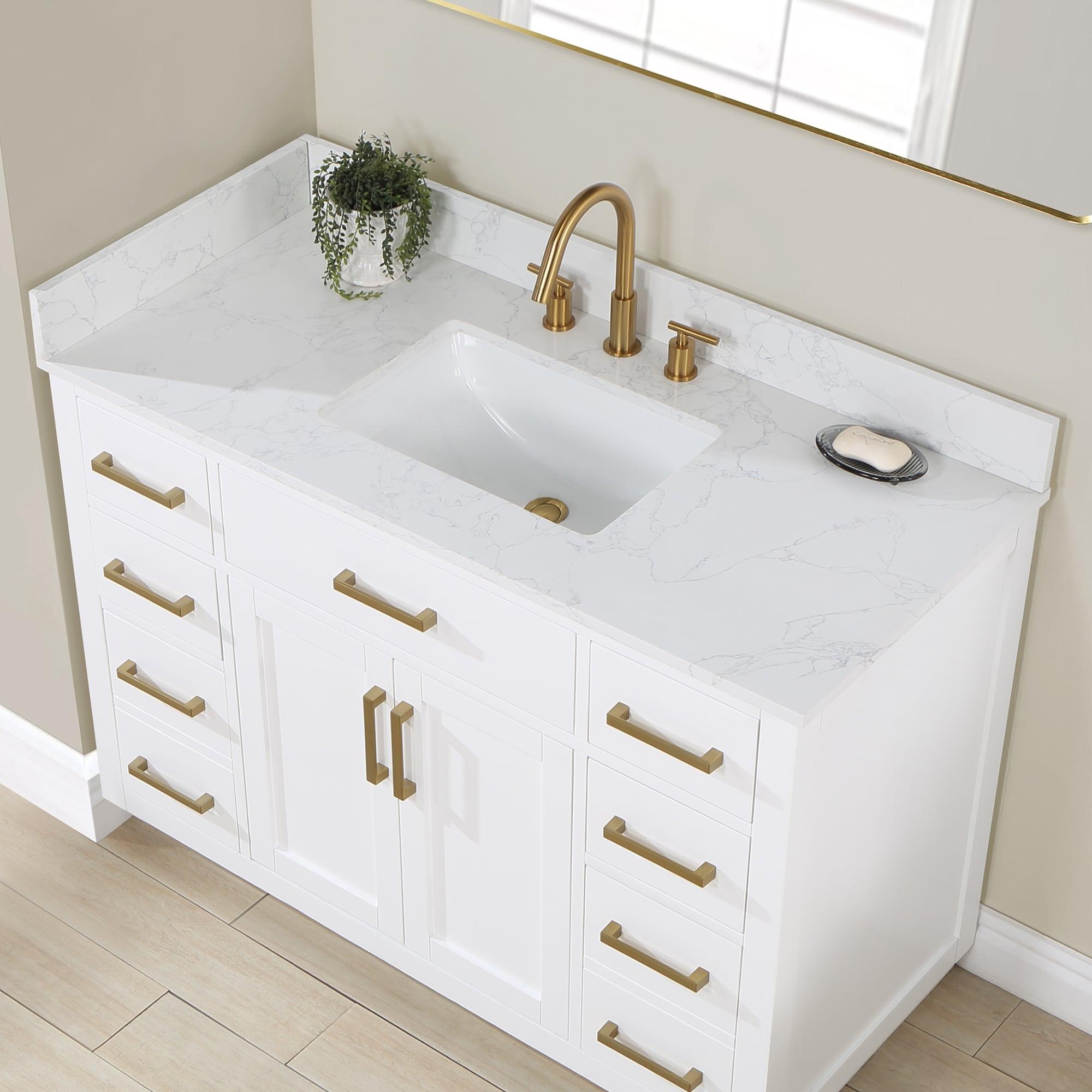 Gavino 48" Wood Vanity in White with Grain White Composite Stone Top and Mirror