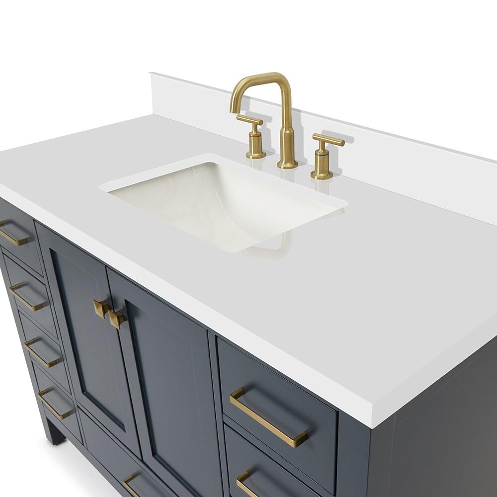 ARIEL 49" Bathroom Vanity with 1.5" Edge Pure White Quartz Countertop & Backsplash, Center Rectangular Sink, 2 Soft Closing Doors, 9 Full Extension Dovetail Drawers, Brushed Nickel - Midnight Blue