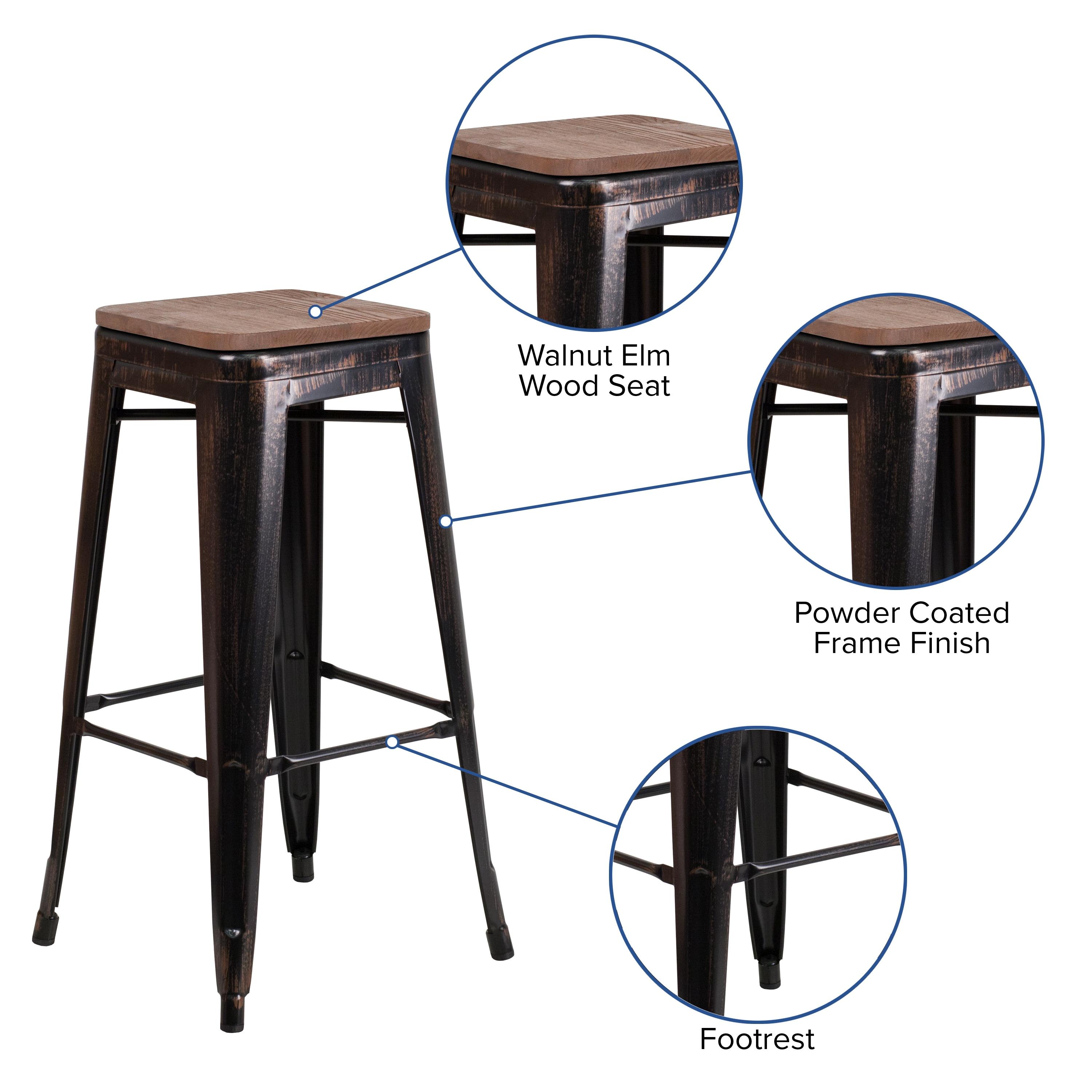 Flash Furniture Margherite 30" High Backless Metal Barstool with Square Wood Seat