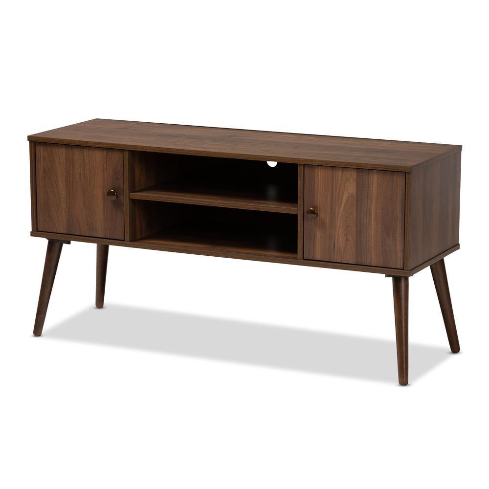 Alard 2 Door Wood TV Stand for TVs up to 50" Walnut - Baxton Studio: Mid-Century Modern Media Console with Fixed Shelves