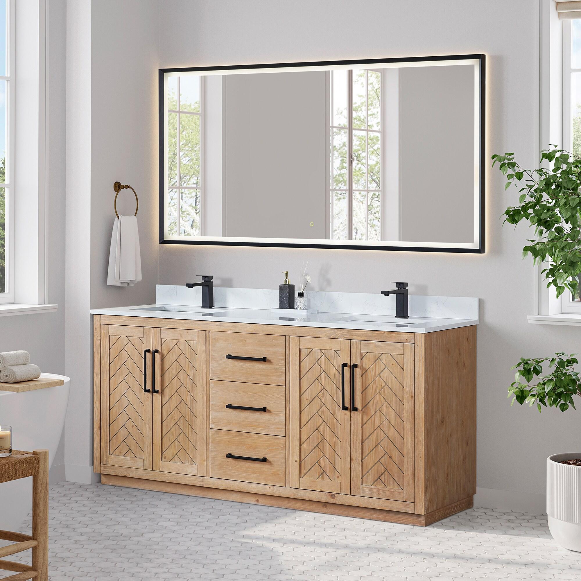 Anais 72" Wood Vanity in Light Brown with White Composite Stone Top with Mirror