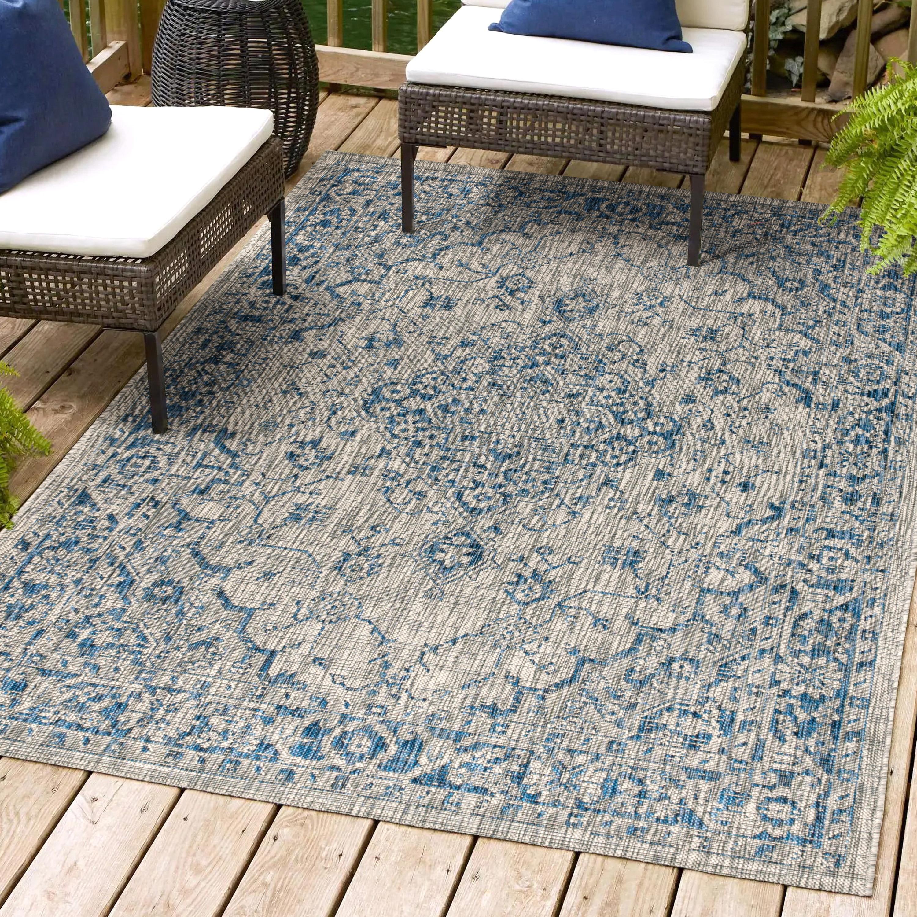 3'x5' Rozetta Boho Medallion Textured Weave Indoor/Outdoor Area Rug, Gray/Navy - JONATHAN Y